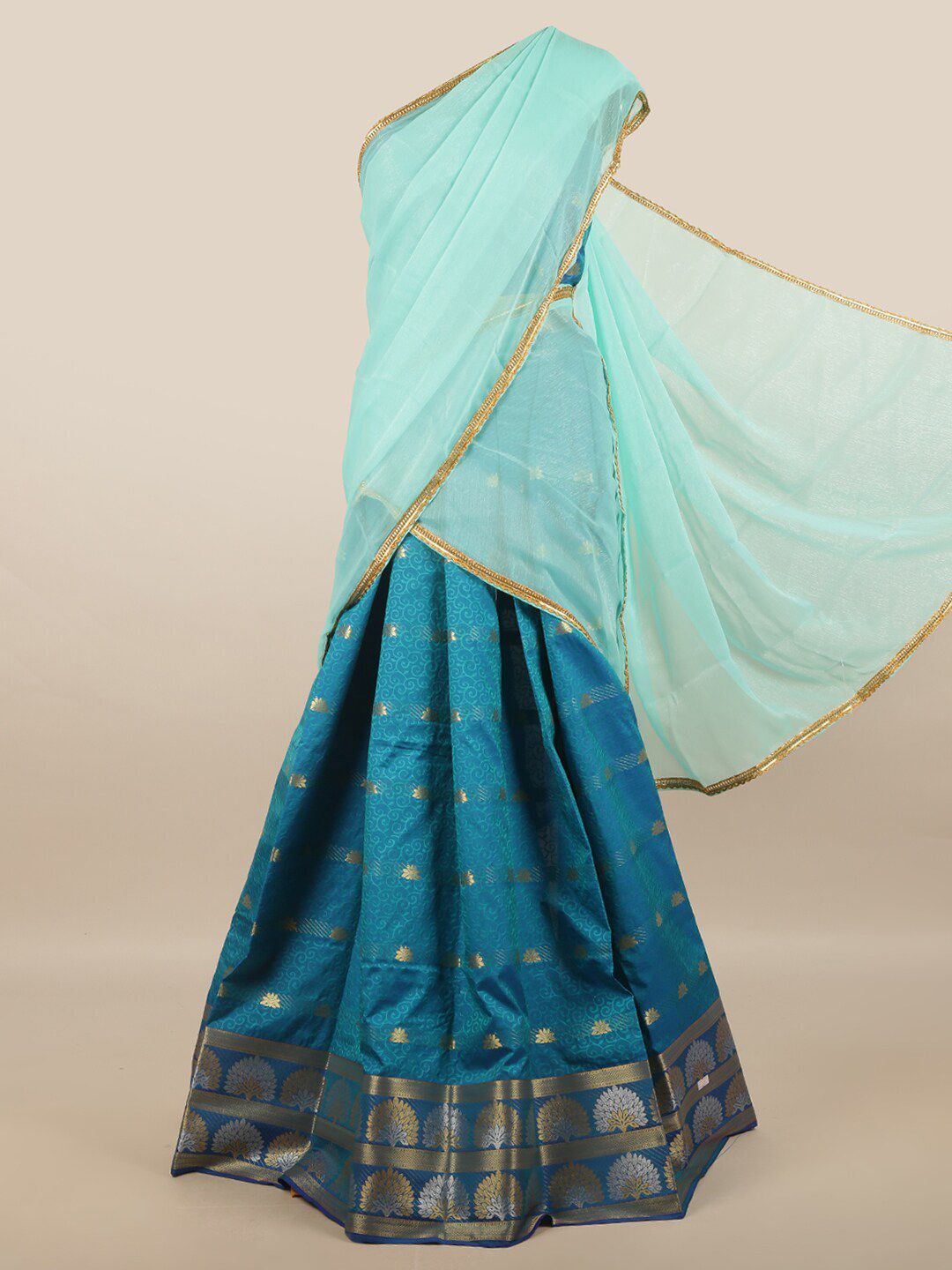 Pothys Turquoise Blue & Teal Unstitched Lehenga & Blouse With Dupatta Price in India