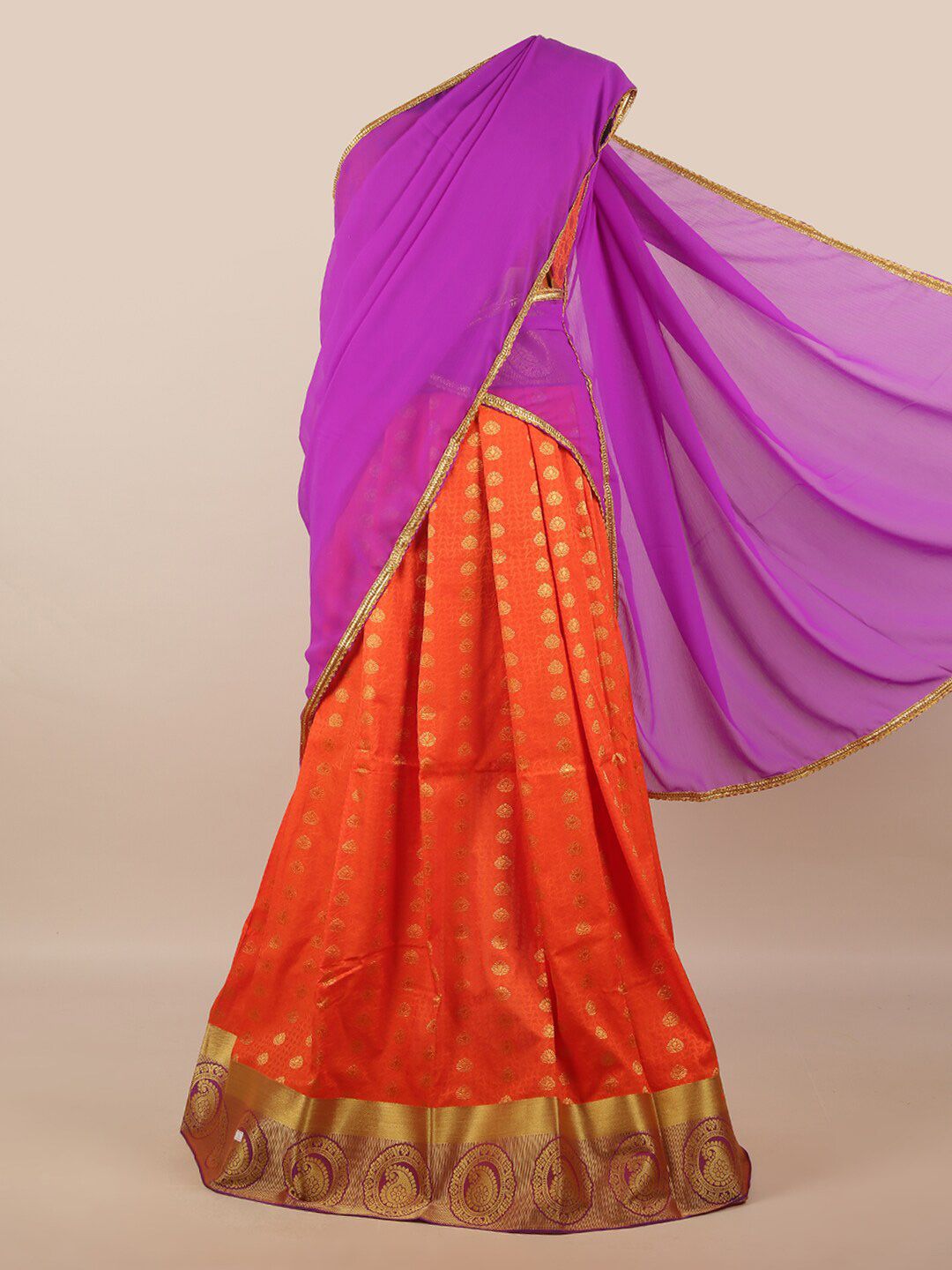 Pothys Lavender & Orange Unstitched Lehenga & Blouse With Dupatta Price in India