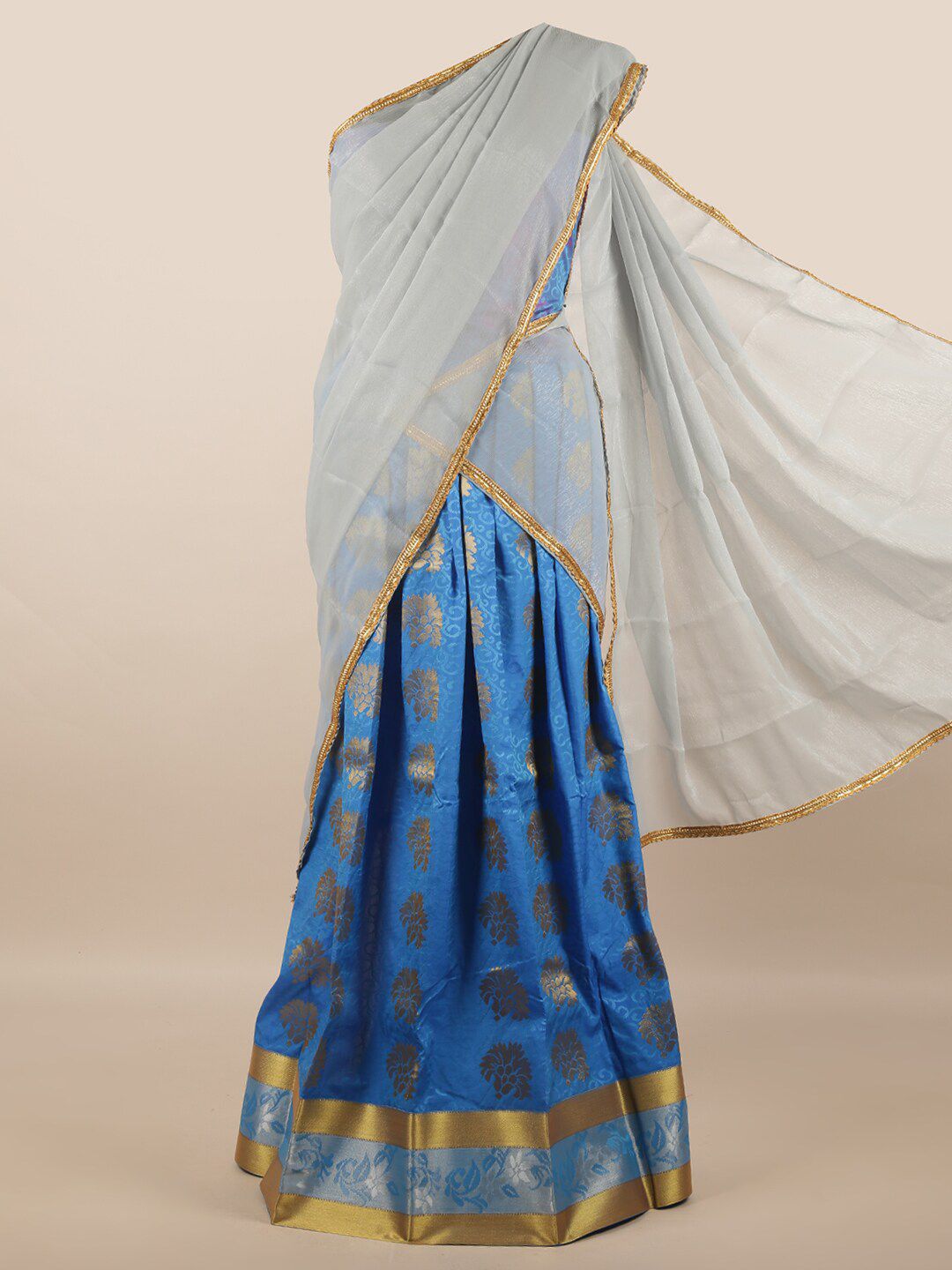 Pothys Grey & Blue Unstitched Lehenga & Blouse With Dupatta Price in India