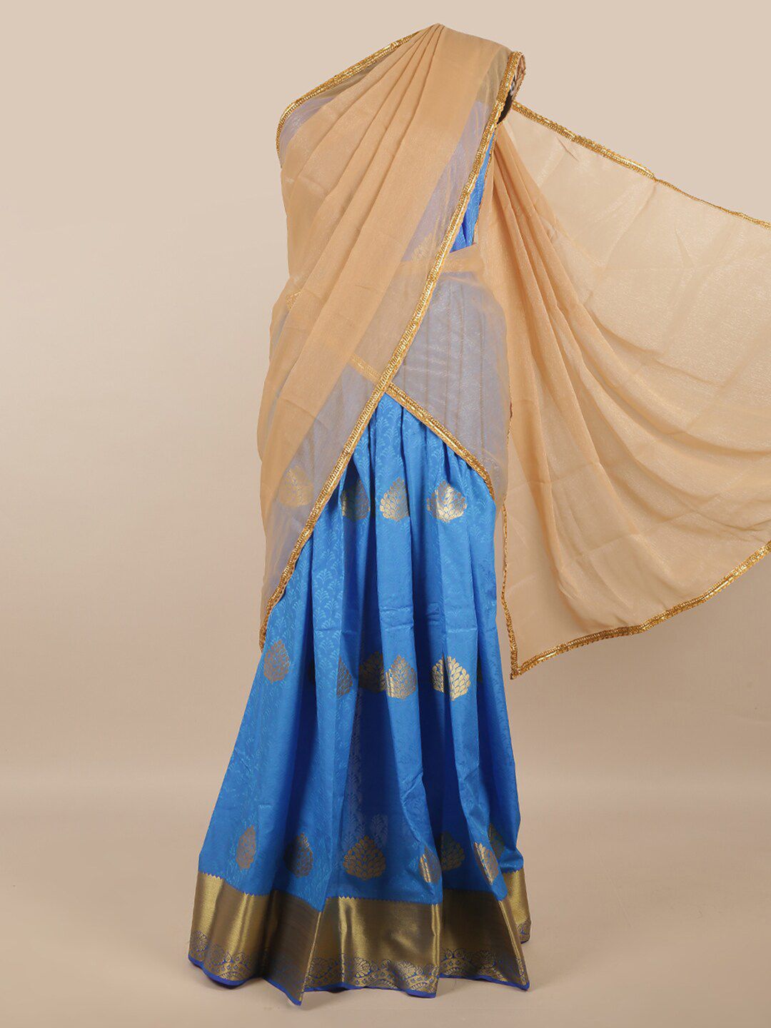 Pothys Cream-Coloured & Blue Unstitched Lehenga & Blouse With Dupatta Price in India