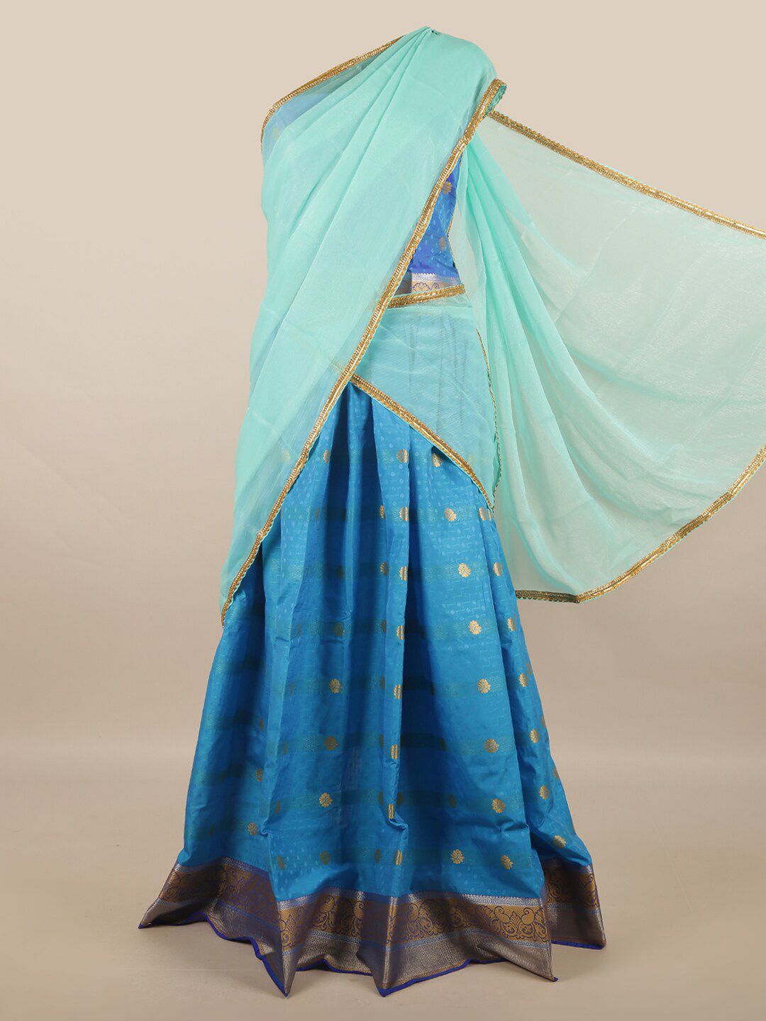 Pothys Turquoise Blue & Gold-Toned Unstitched Lehenga & Blouse With Dupatta Price in India