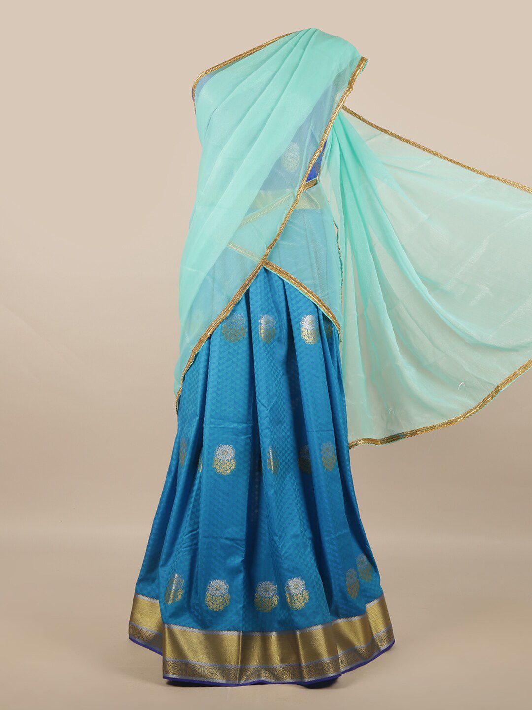 Pothys Blue & Gold-Toned Unstitched Lehenga & Blouse With Dupatta Price in India