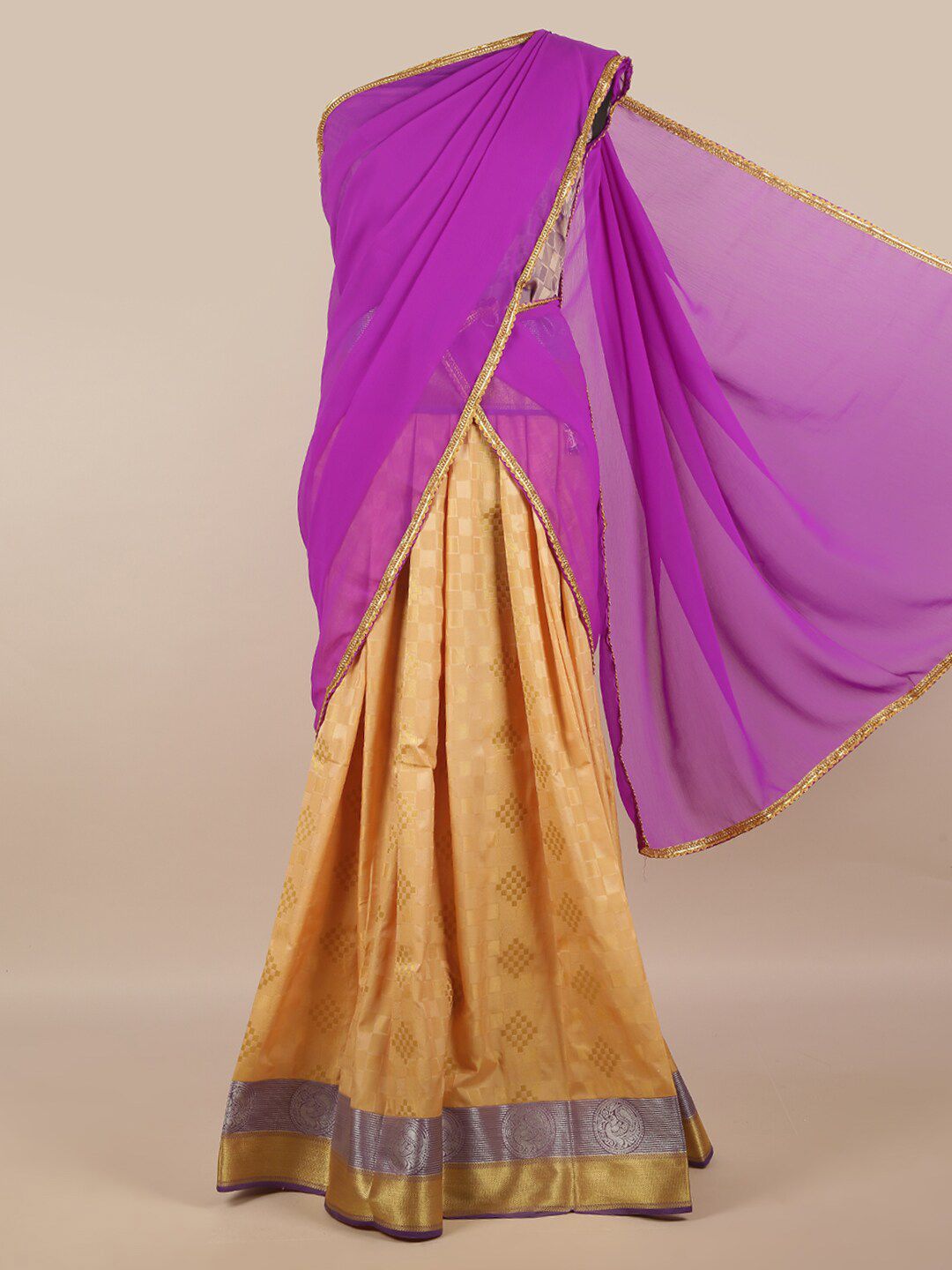 Pothys Lavender & Gold-Toned Unstitched Lehenga & Blouse With Dupatta Price in India