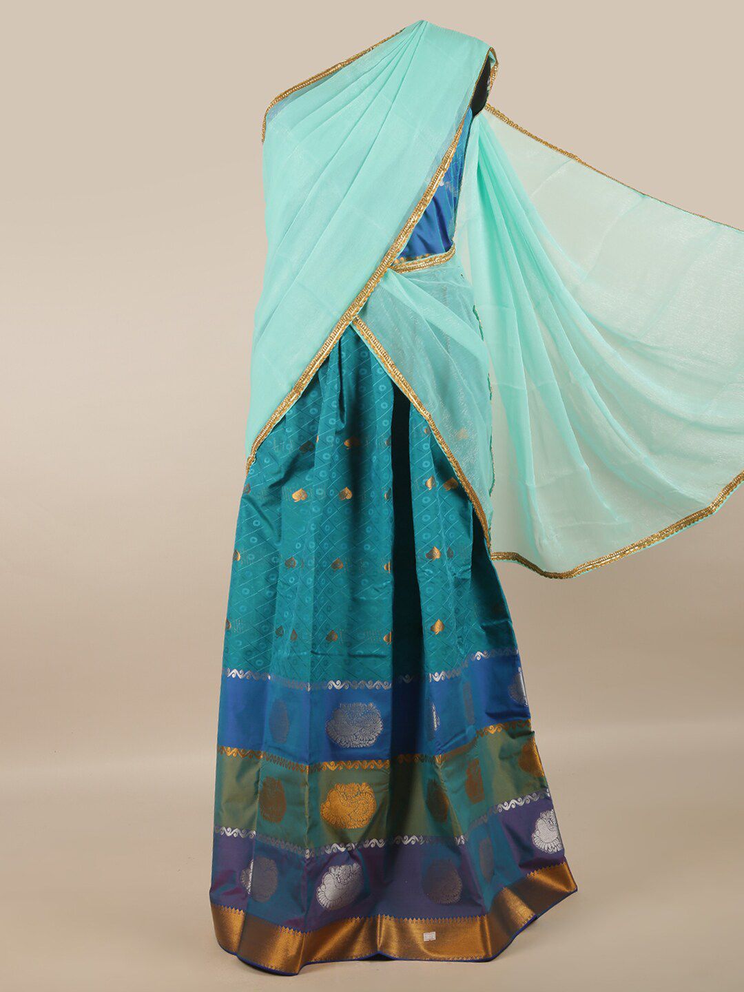 Pothys Teal & Blue Block Print Unstitched Skirt & Blouse With Dhavani Price in India