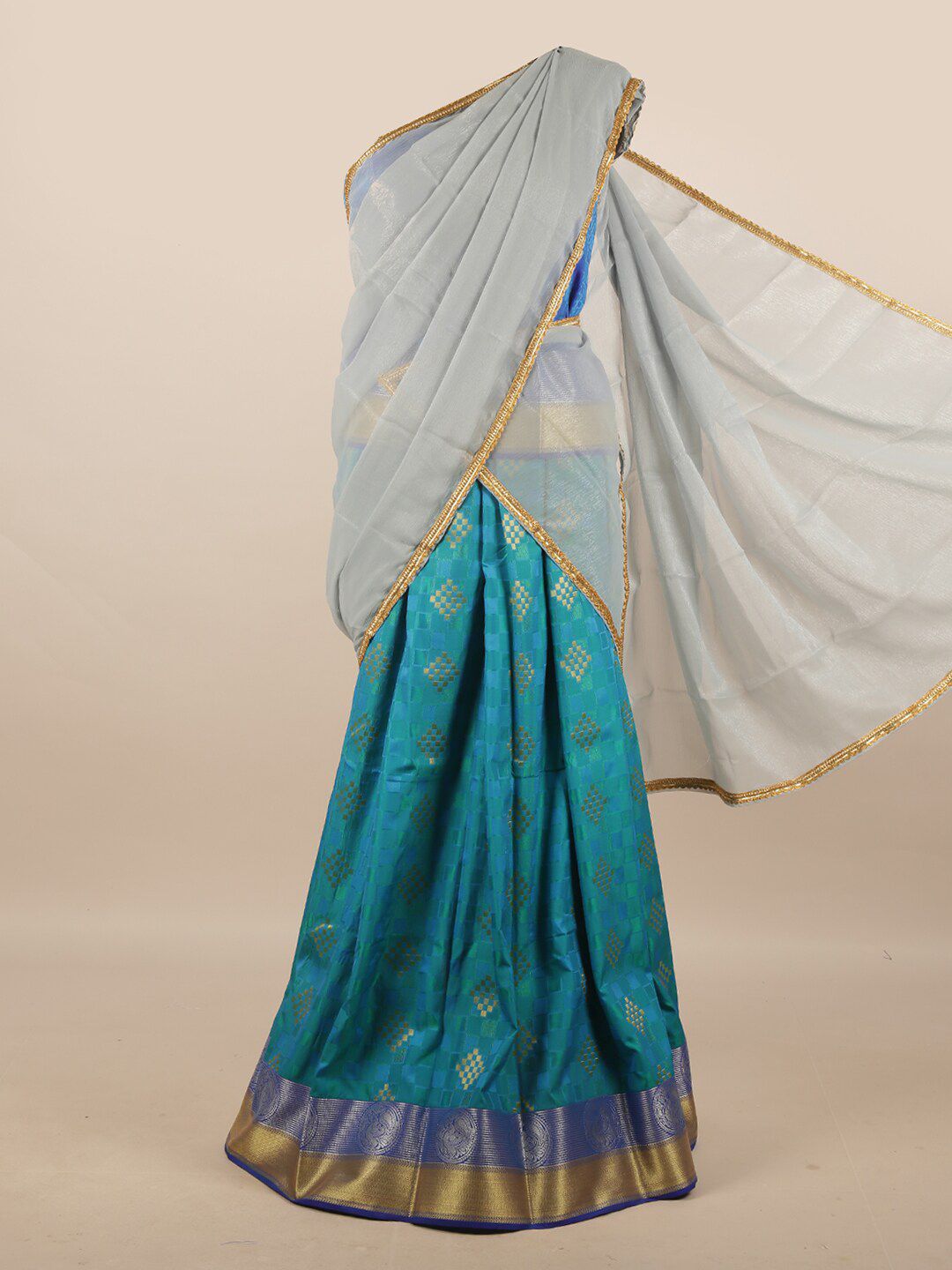 Pothys Grey & Blue Unstitched Lehenga & Blouse With Dupatta Price in India