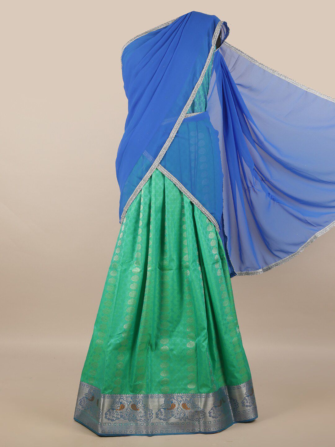 Pothys Blue & Green Unstitched Lehenga & Blouse With Dupatta Price in India