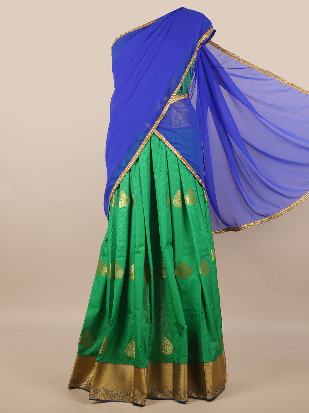 Pothys Blue & Green Unstitched Lehenga & Blouse With Dupatta Price in India