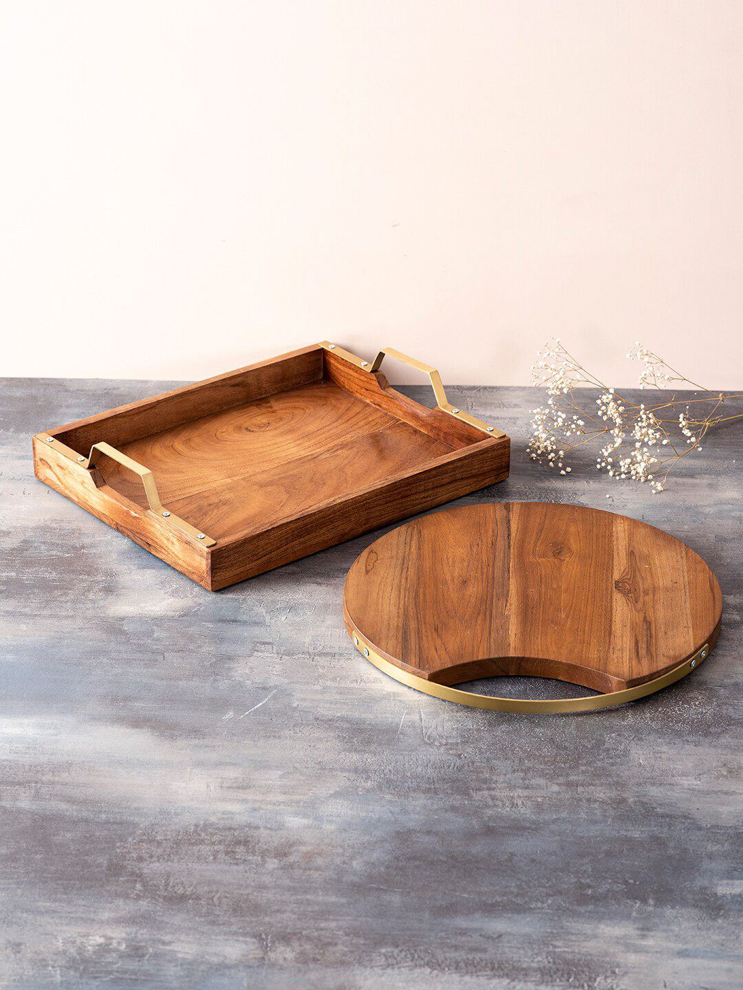 nestroots Brown Wooden Tray & Serving Platter Combo Price in India