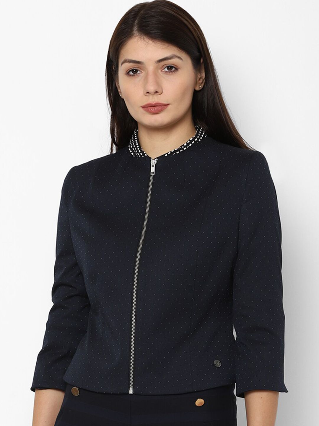 Allen Solly Woman Navy Blue Solid Blazer Price in India