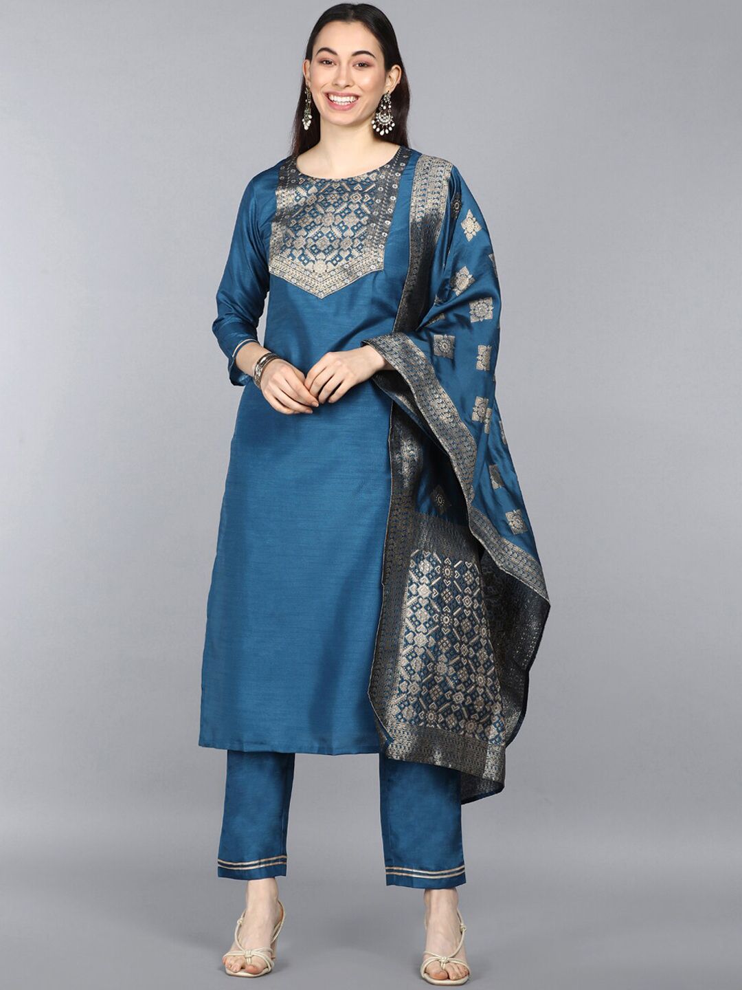 AHIKA Women Teal Ethnic Motifs Yoke Design Kurta with Trousers & With Dupatta Price in India