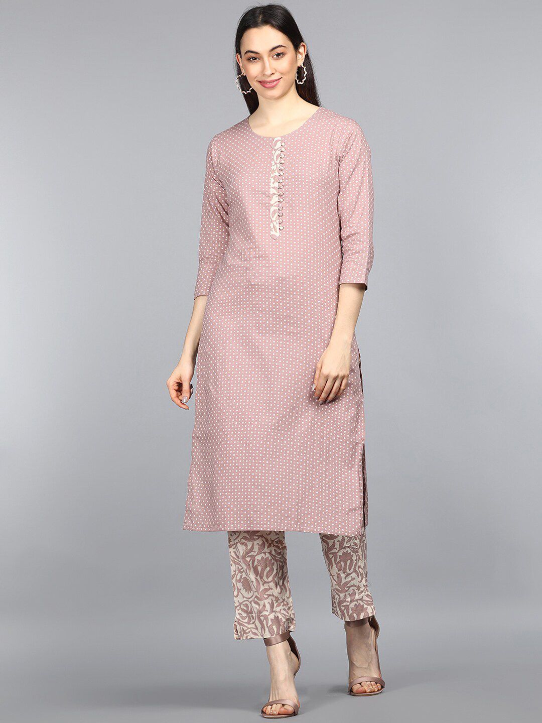 AHIKA Women Mauve Printed Pure Cotton Kurta with Trousers Price in India