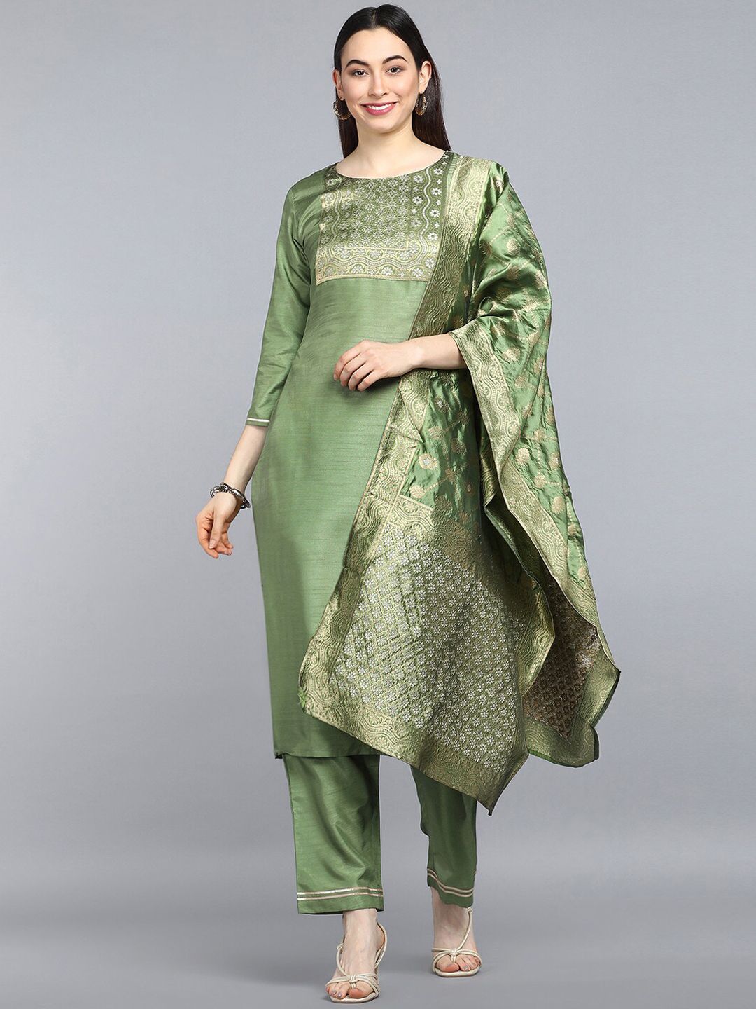 AHIKA Women Green Kurta with Trousers & With Dupatta Price in India