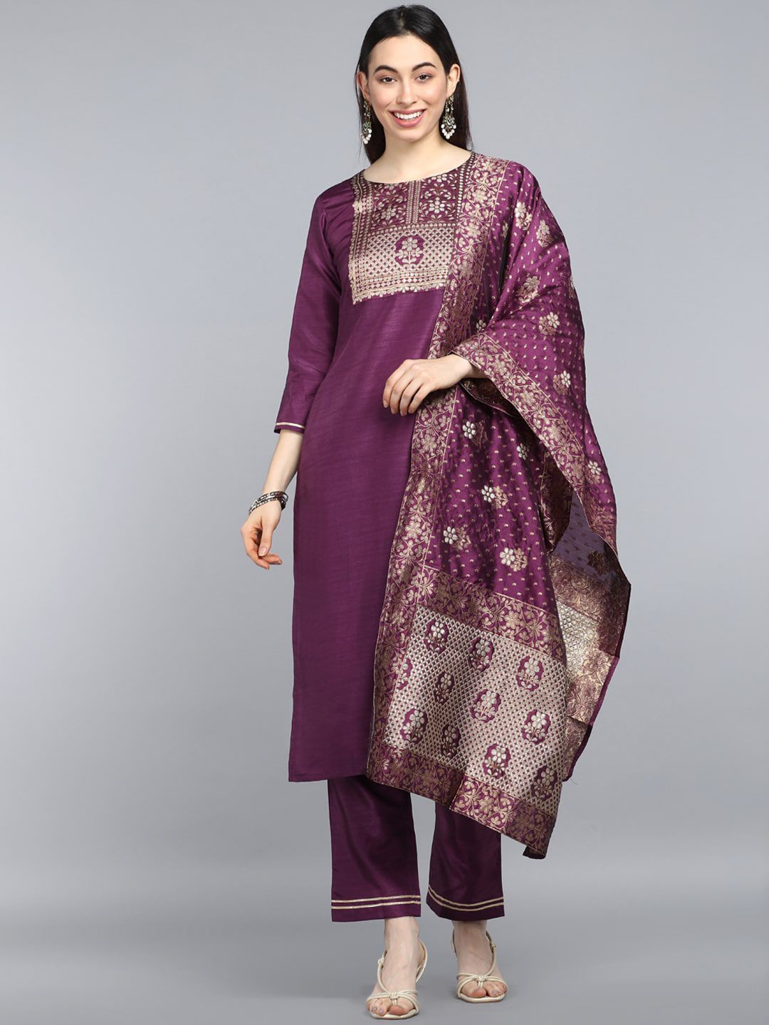 AHIKA Women Burgundy Floral Printed Kurta with Trousers & With Dupatta Price in India