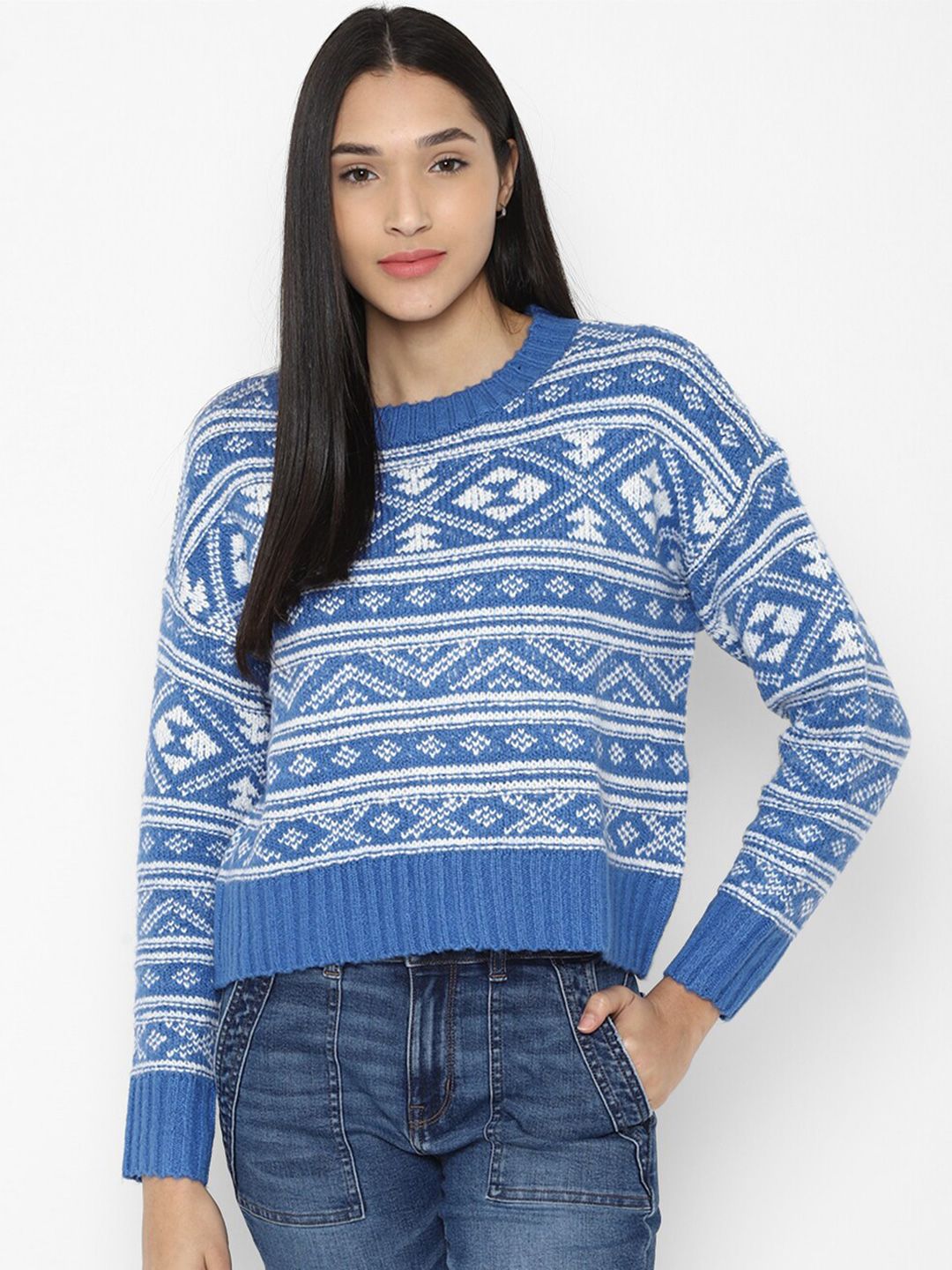 AMERICAN EAGLE OUTFITTERS Women Blue & White Fair Isle Pullover Price in India