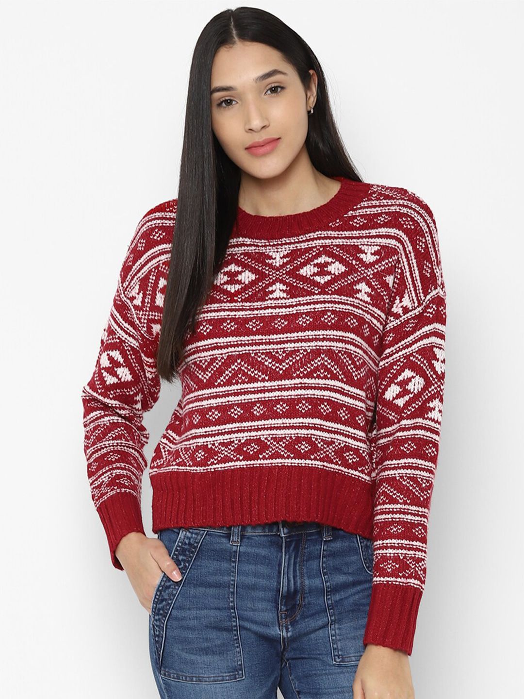 AMERICAN EAGLE OUTFITTERS Women Red Self Design Round Neck Sweater Price in India