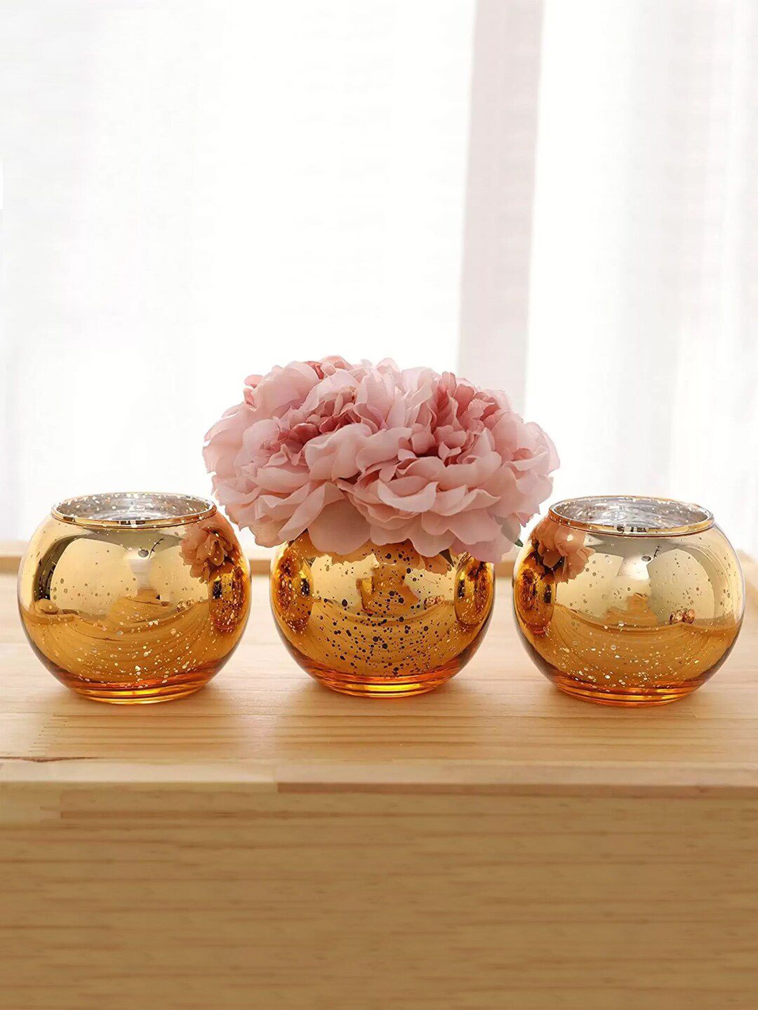 TIED RIBBONS Set Of 3 Gold-Toned Decorative Glass Vases Price in India