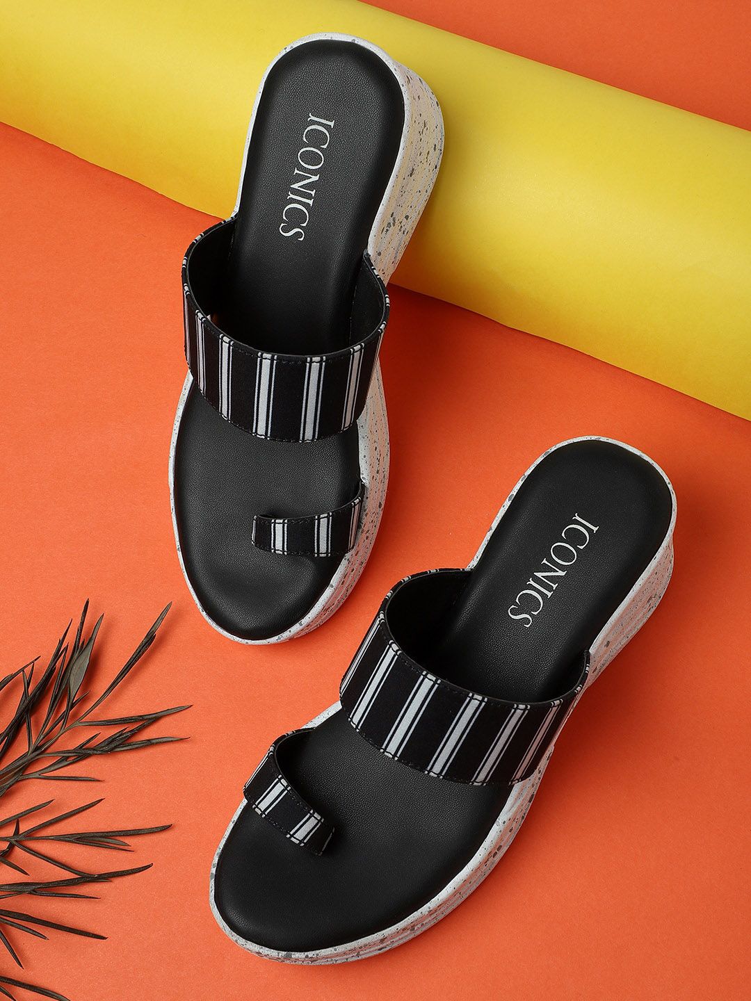 ICONICS Black & White Striped One-Toe Wedges Price in India