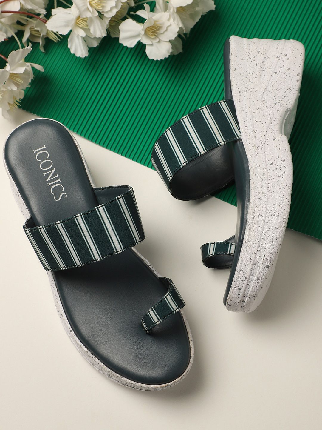 ICONICS Green & White Striped One-Toe Wedges Price in India