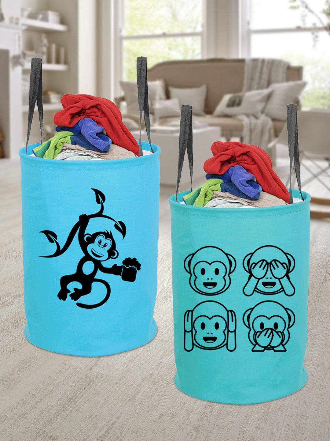 prettykrafts Pack of 2 Turquoise Blue and Sea Green Printed Laundry Basket Price in India