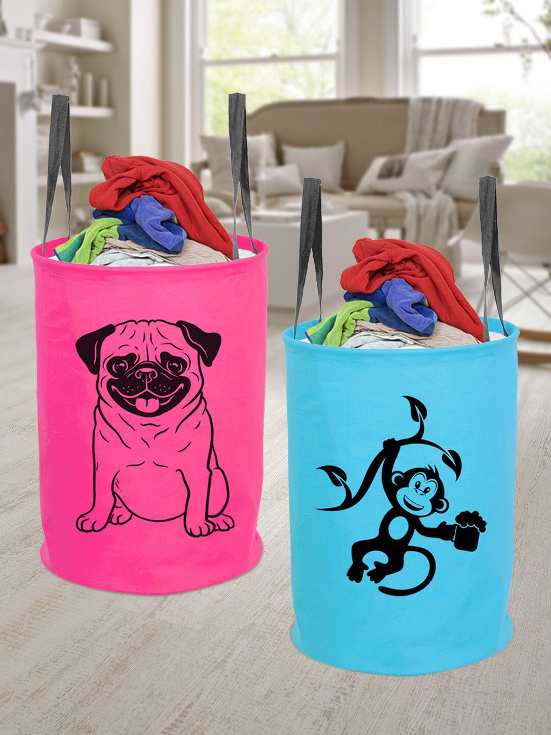 prettykrafts Pink & Sea Green Set of 2 Printed Laundry Basket - 45 L Price in India