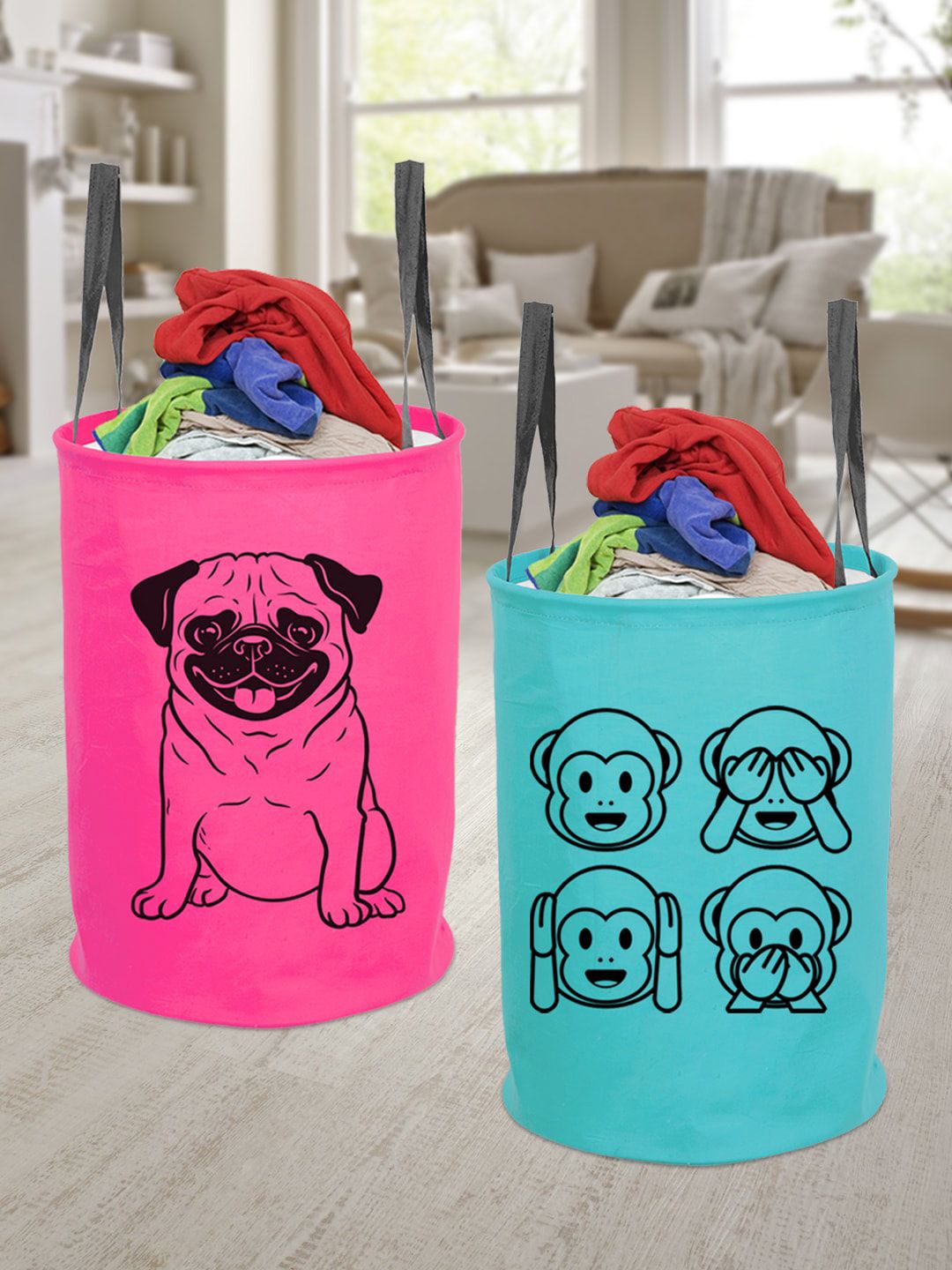 prettykrafts Pink & Green Set 2 Printed Laundry Basket Price in India
