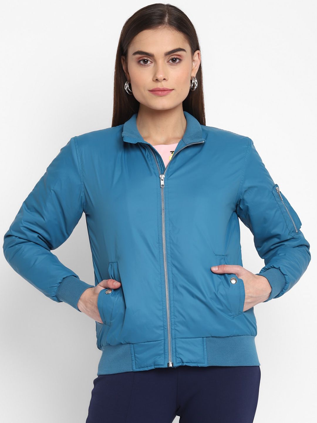 LAMOURE BY RED CHIEF Women Blue Solid Bomber Jacket Price in India