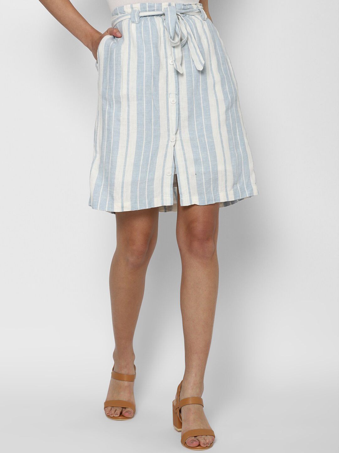 Allen Solly Woman Blue & White Striped Tie-Ups Nautical Linen Knee Length A-Line Skirt