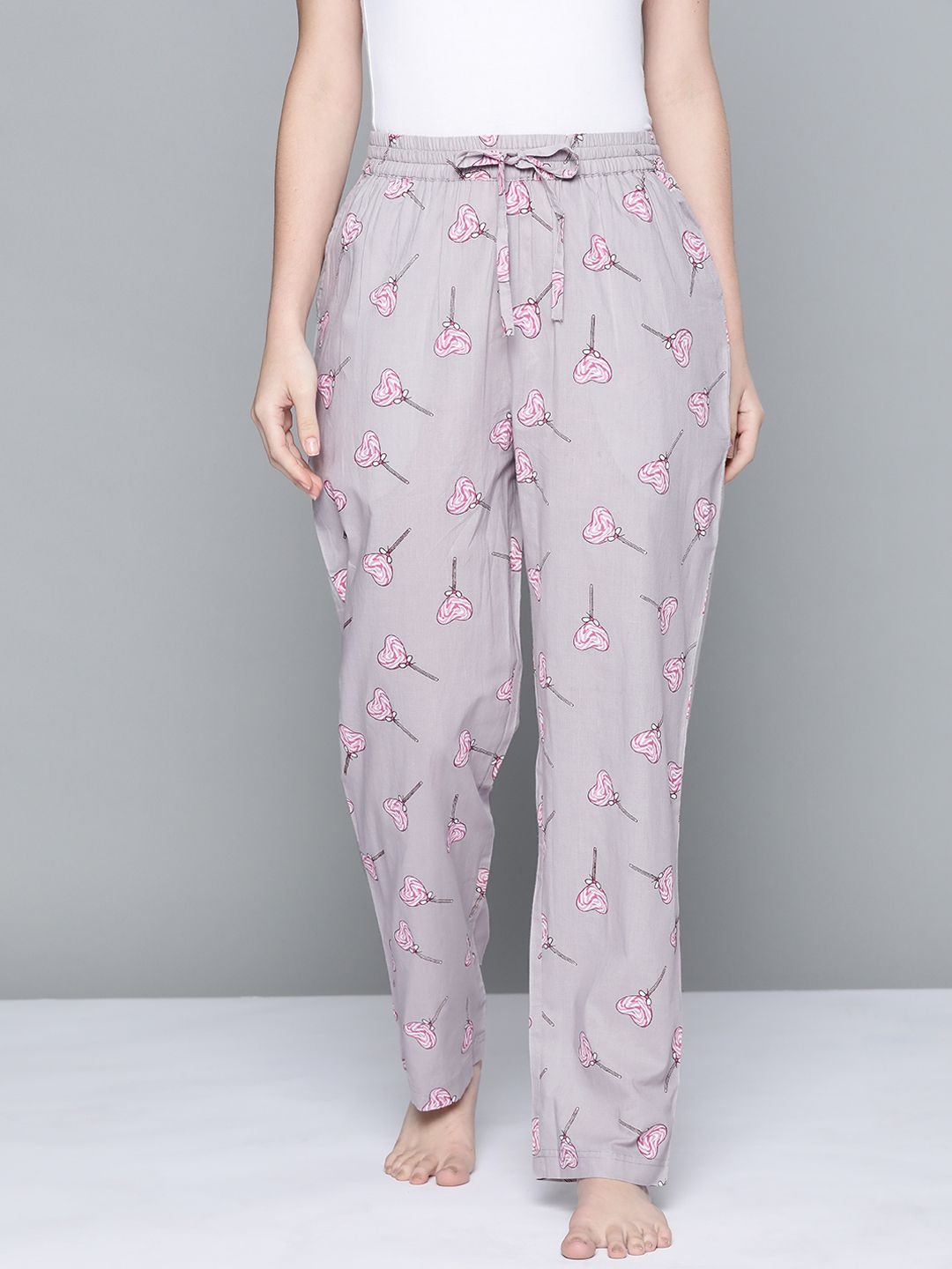 HERE&NOW Women Grey & Pink Pure Cotton Printed Lounge Pants Price in India