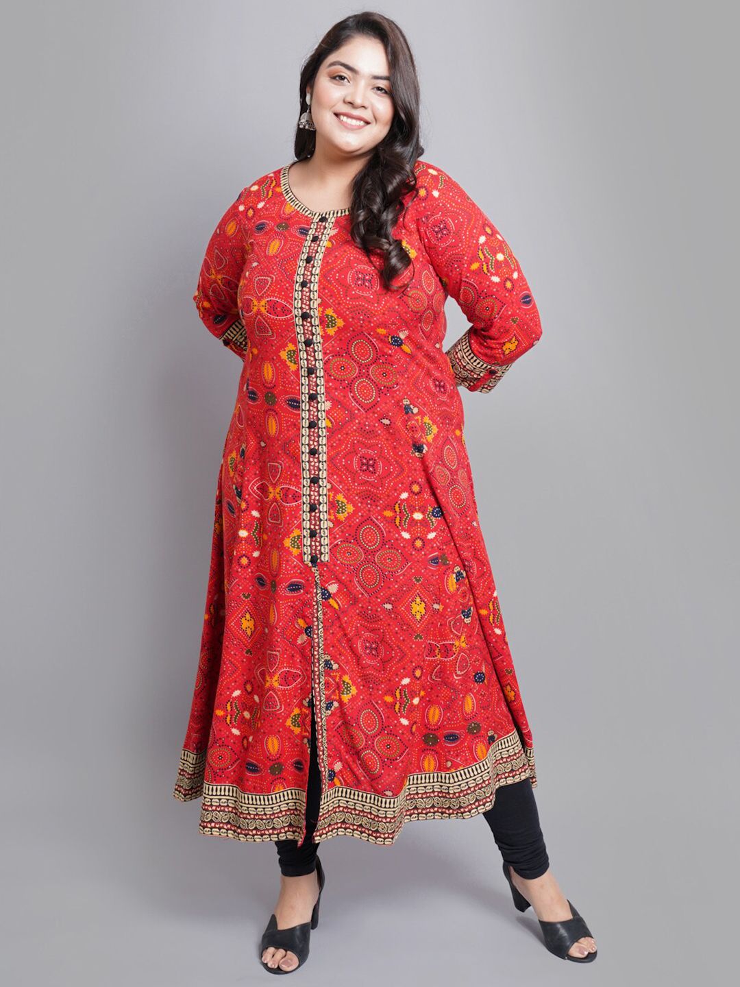 YASH GALLERY Women Red & Yellow Bandhani Printed A-line Kurta Price in India