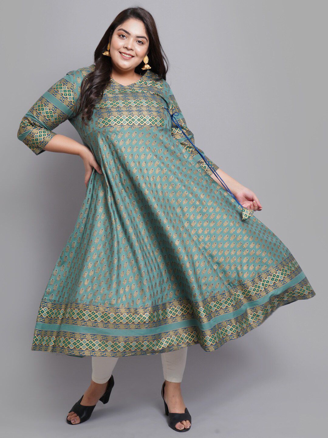 YASH GALLERY Women Green & Gold-Coloured Ethnic Motifs Printed A-line Kurta Price in India