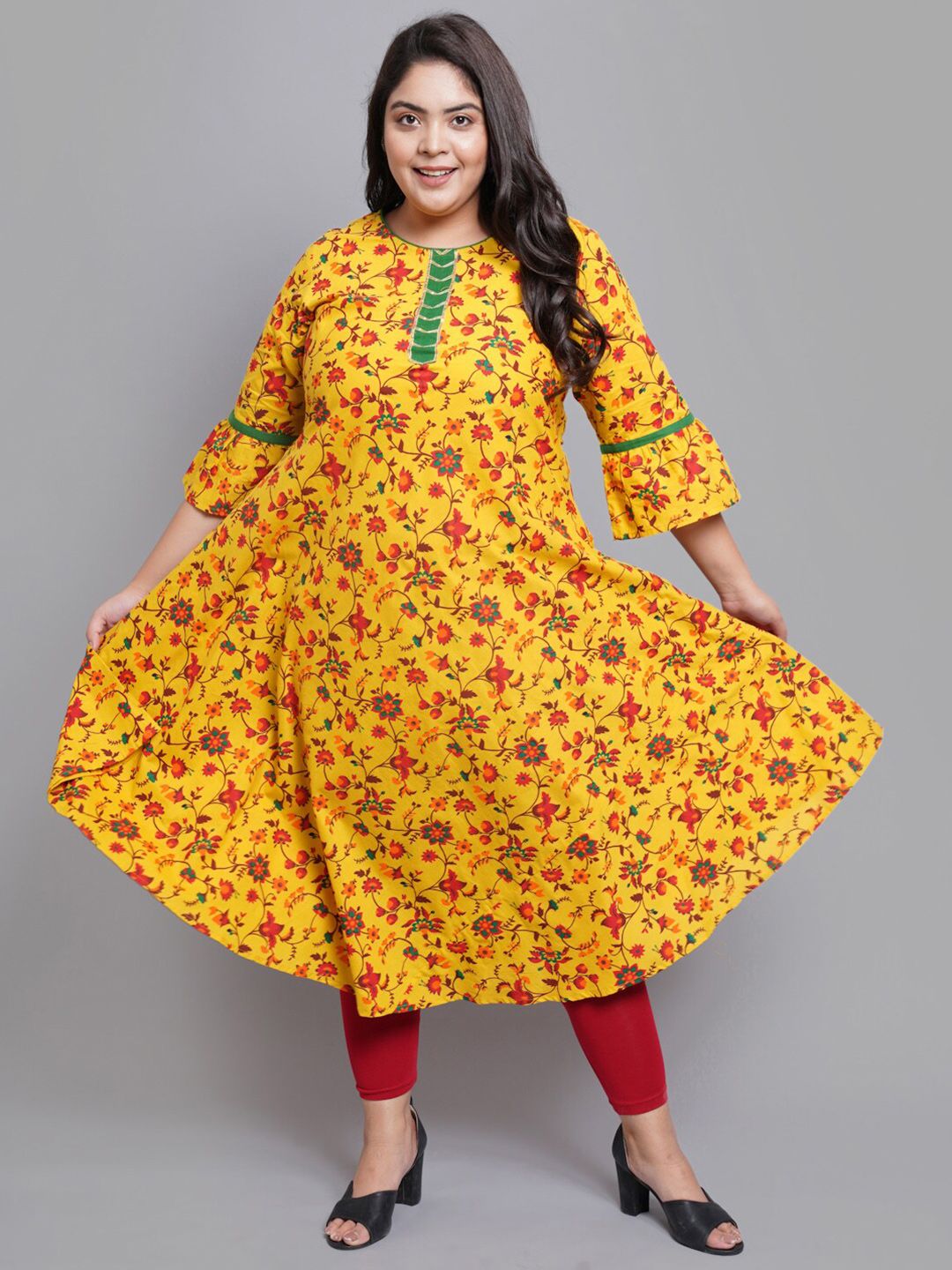 YASH GALLERY Women Mustard Yellow & Red Floral Plus Size Printed Anarkali Kurta Price in India