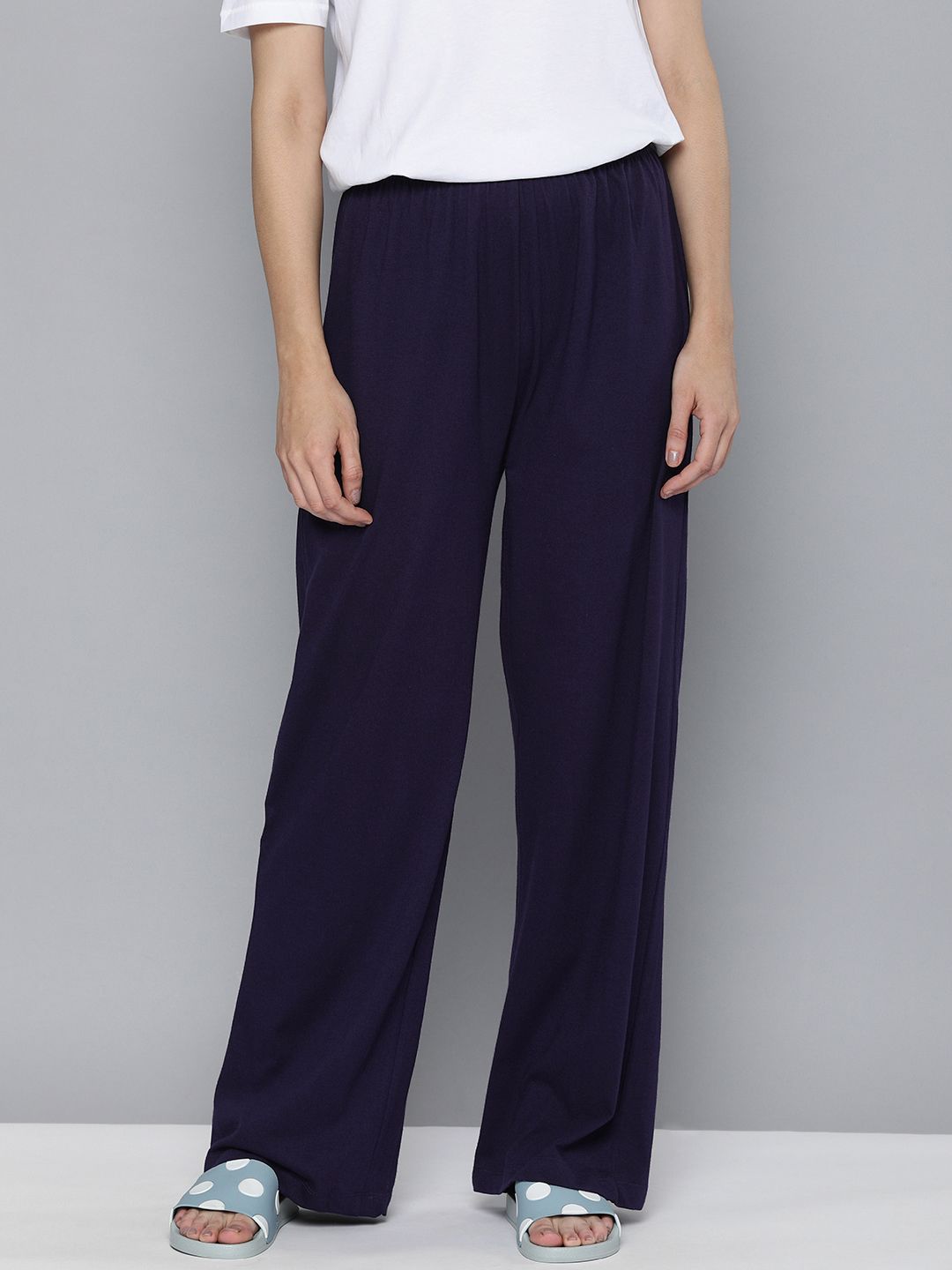 HERE&NOW Women Navy Blue Solid Cotton Lounge Pants Price in India