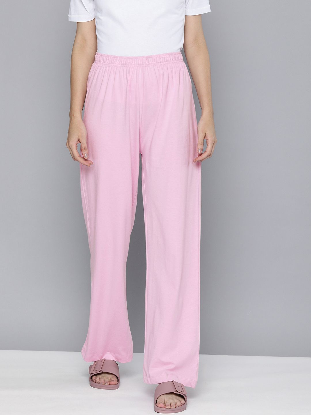 HERE&NOW Women Pink Solid Cotton Lounge Pants Price in India