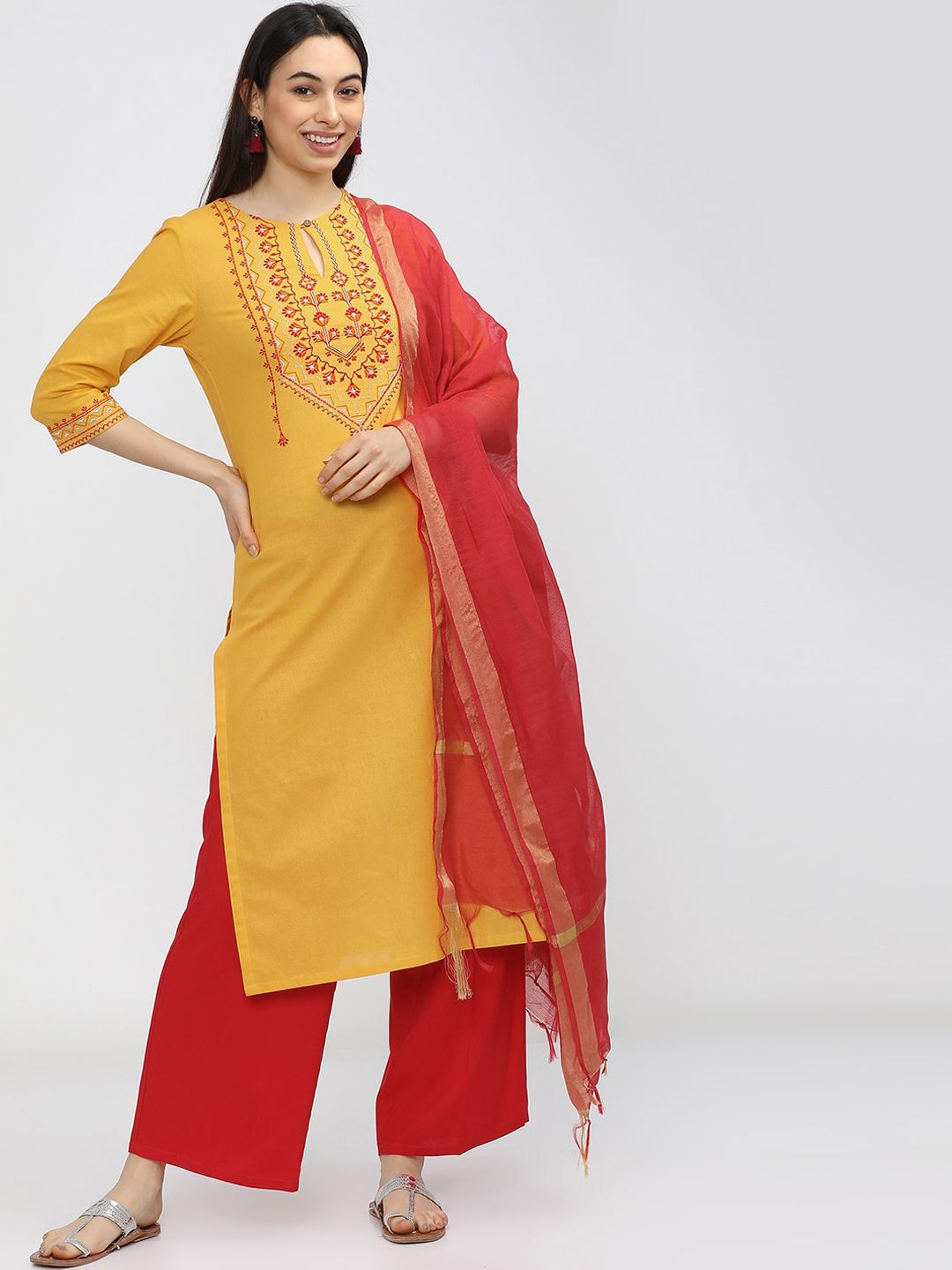 Vishudh Women Yellow & Red Yoke Design Pure Cotton Kurta with Palazzos & Dupatta Price in India