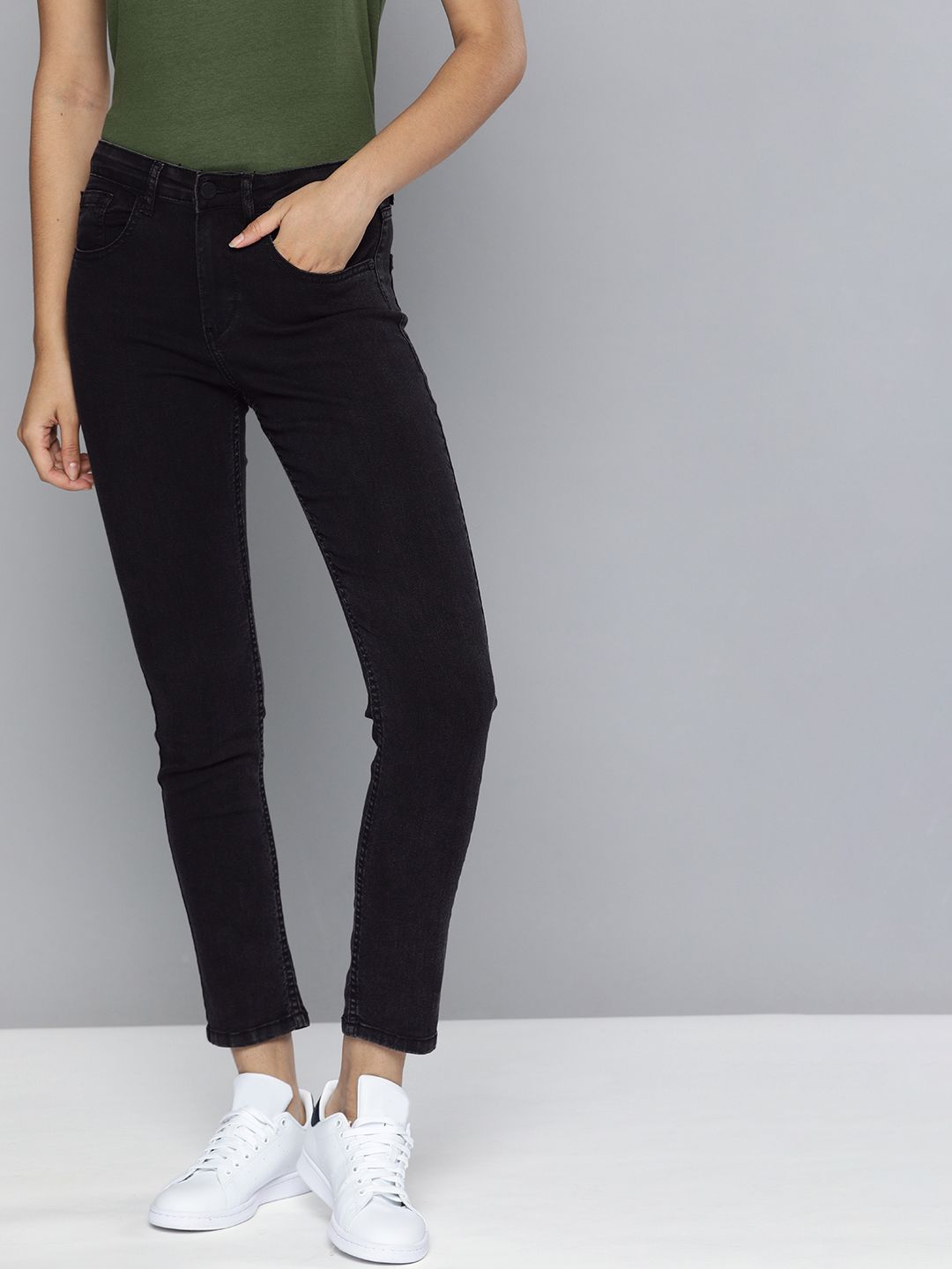 HERE&NOW Women Dark Grey Skinny Fit High-Rise Clean Look Stretchable Jeans Price in India