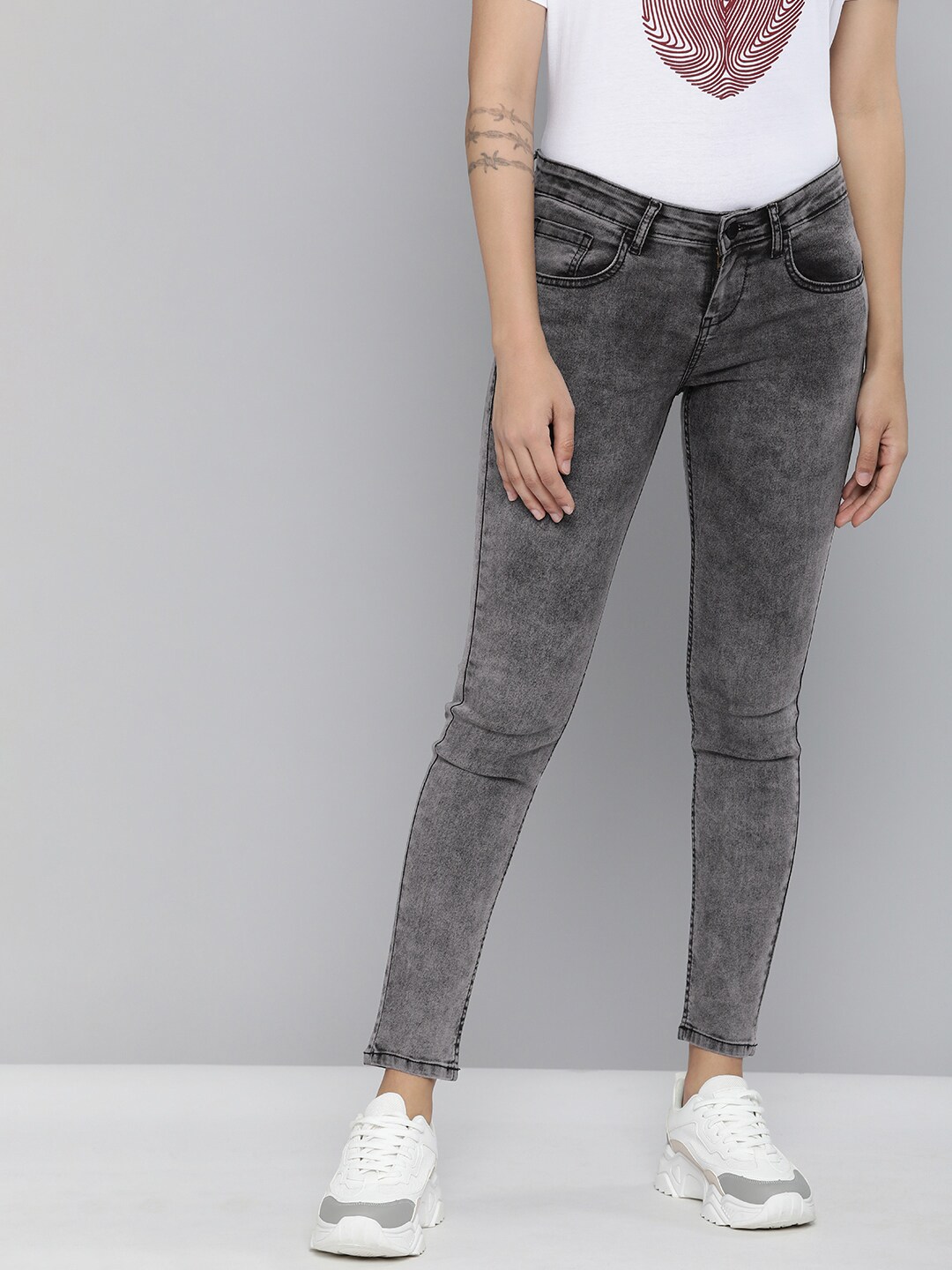HERE&NOW Women Grey Light Fade Stretchable Casual Jeans Price in India