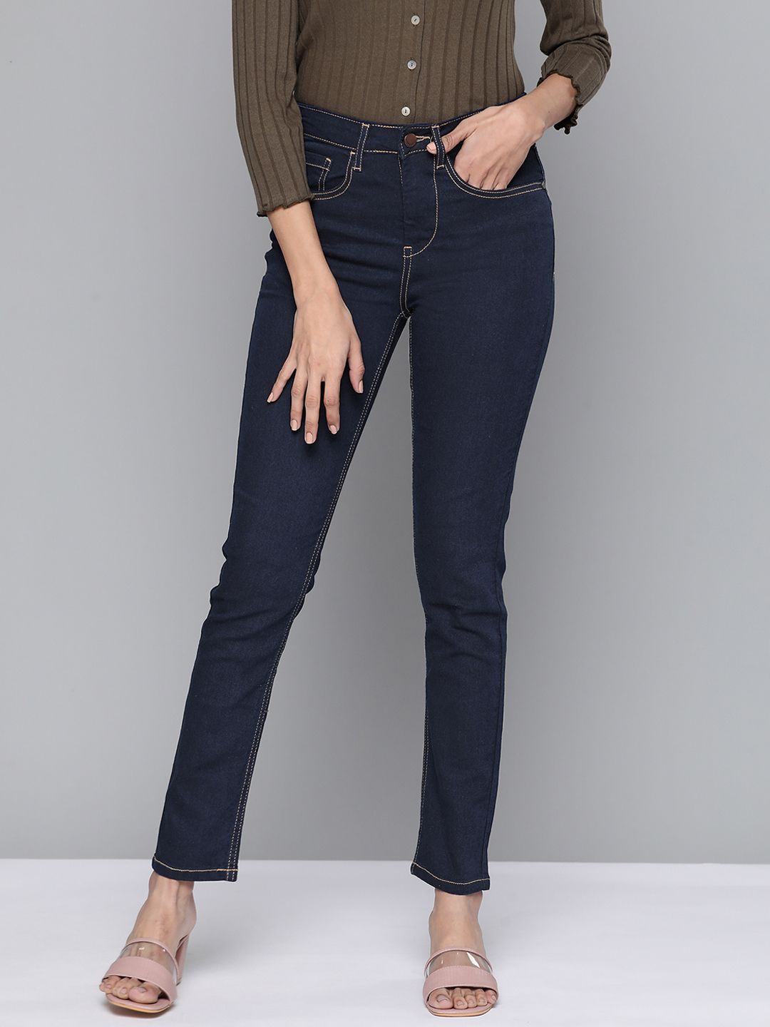 HERE&NOW Women Navy Blue High-Rise Skinny Fit Clean Look Jeans Price in India