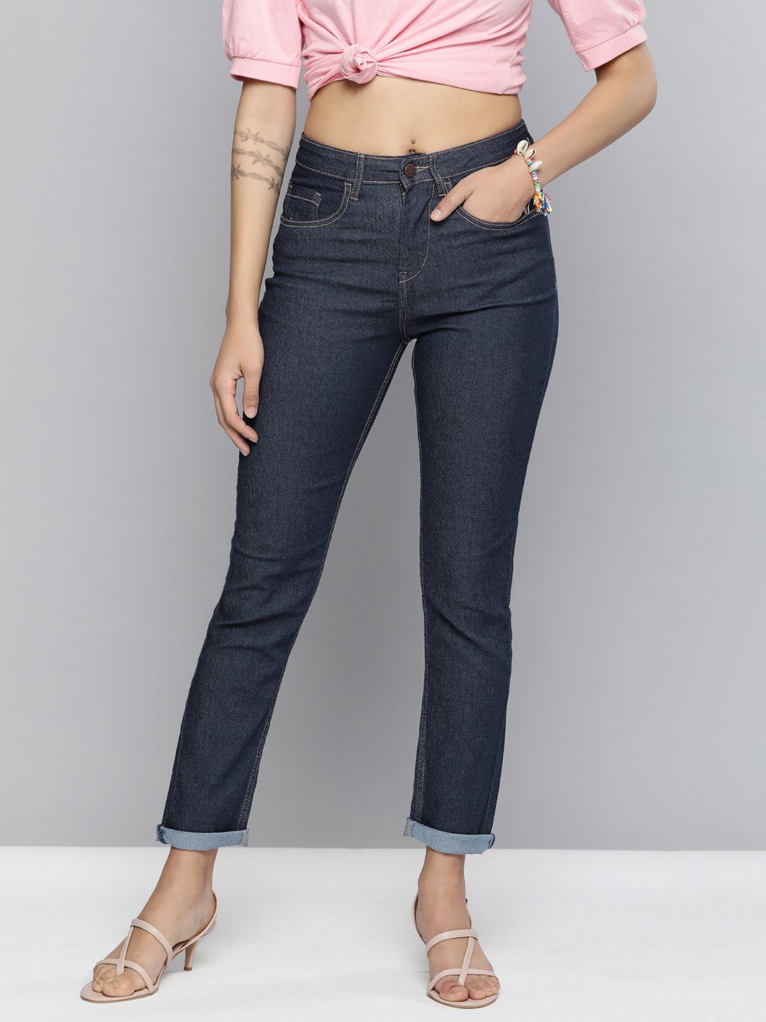 HERE&NOW Women Navy Blue Slim Fit Light Fade Jeans Price in India