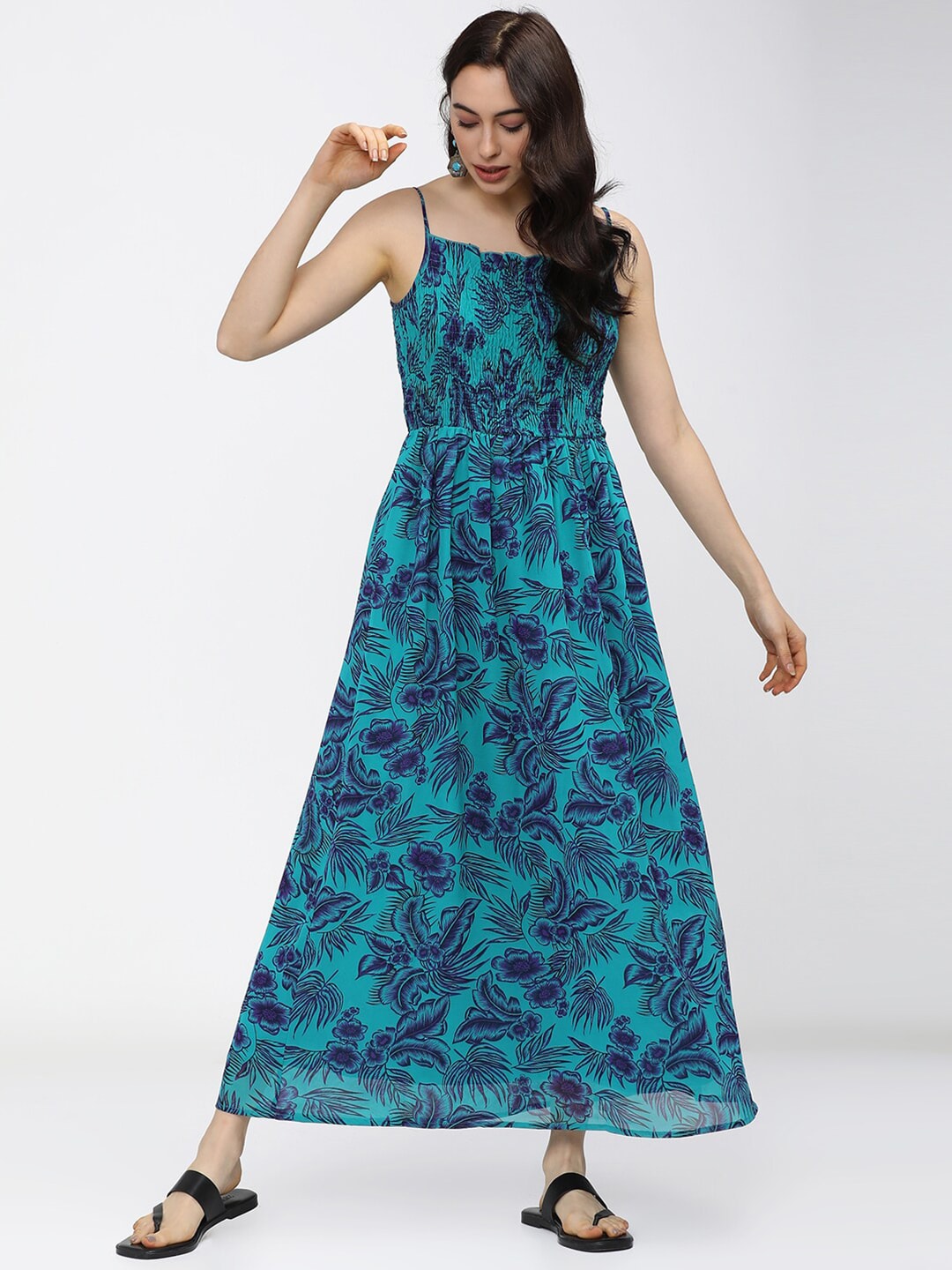Tokyo Talkies Turquoise Blue Floral Maxi Dress Price in India