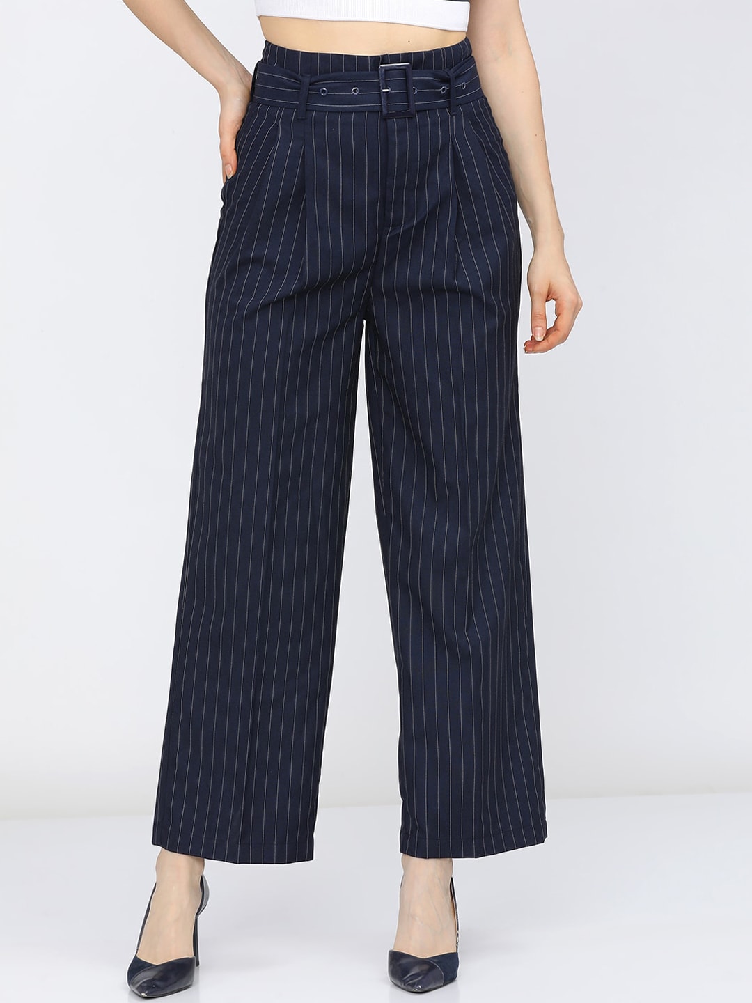 Tokyo Talkies Women Navy Blue Striped Pleated Trousers Price in India