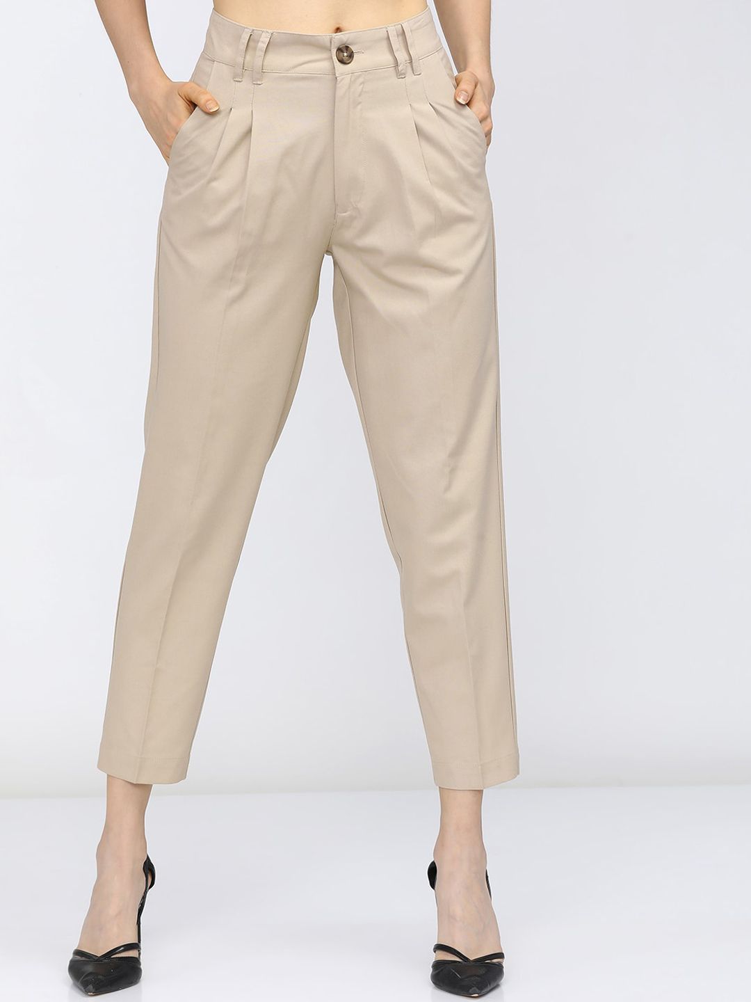 Tokyo Talkies Women Beige Tapered Fit Pleated Trousers Price in India