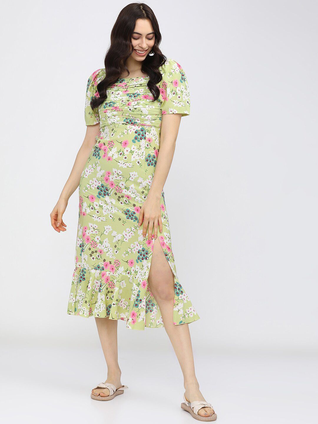 Tokyo Talkies Green & lily green Floral A-Line Midi Dress Price in India