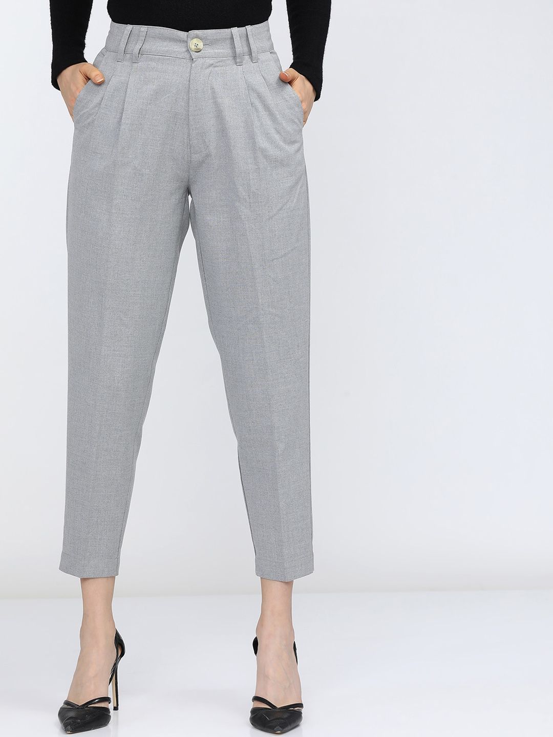 Tokyo Talkies Women Grey Tapered Fit Pleated Trousers Price in India