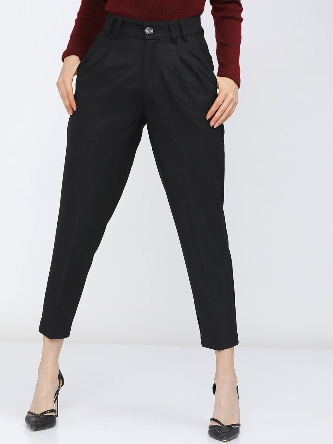 Tokyo Talkies Women Black Tapered Fit Pleated Trousers Price in India