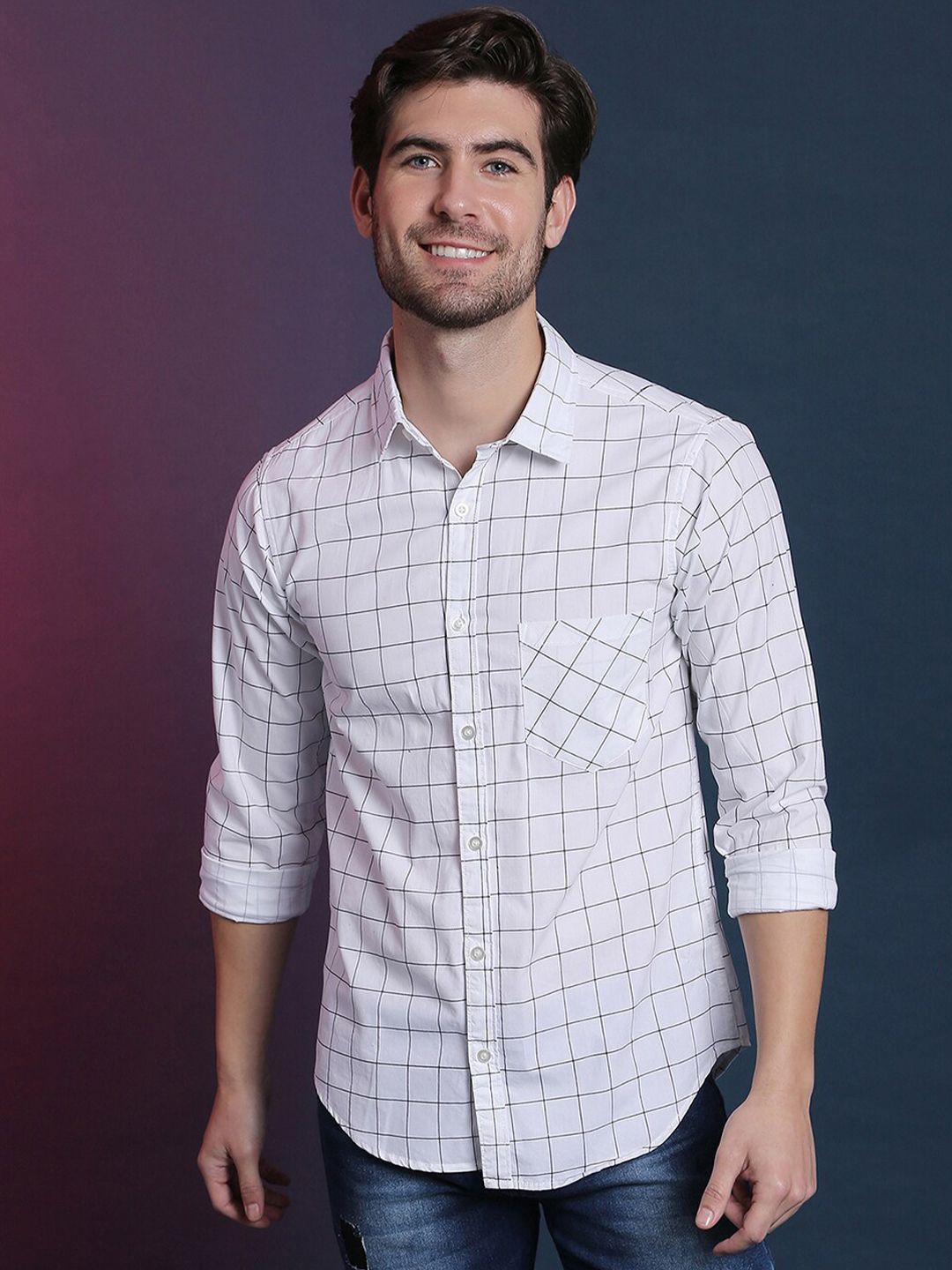 CAHOOT Men White Classic Checked Casual Shirt