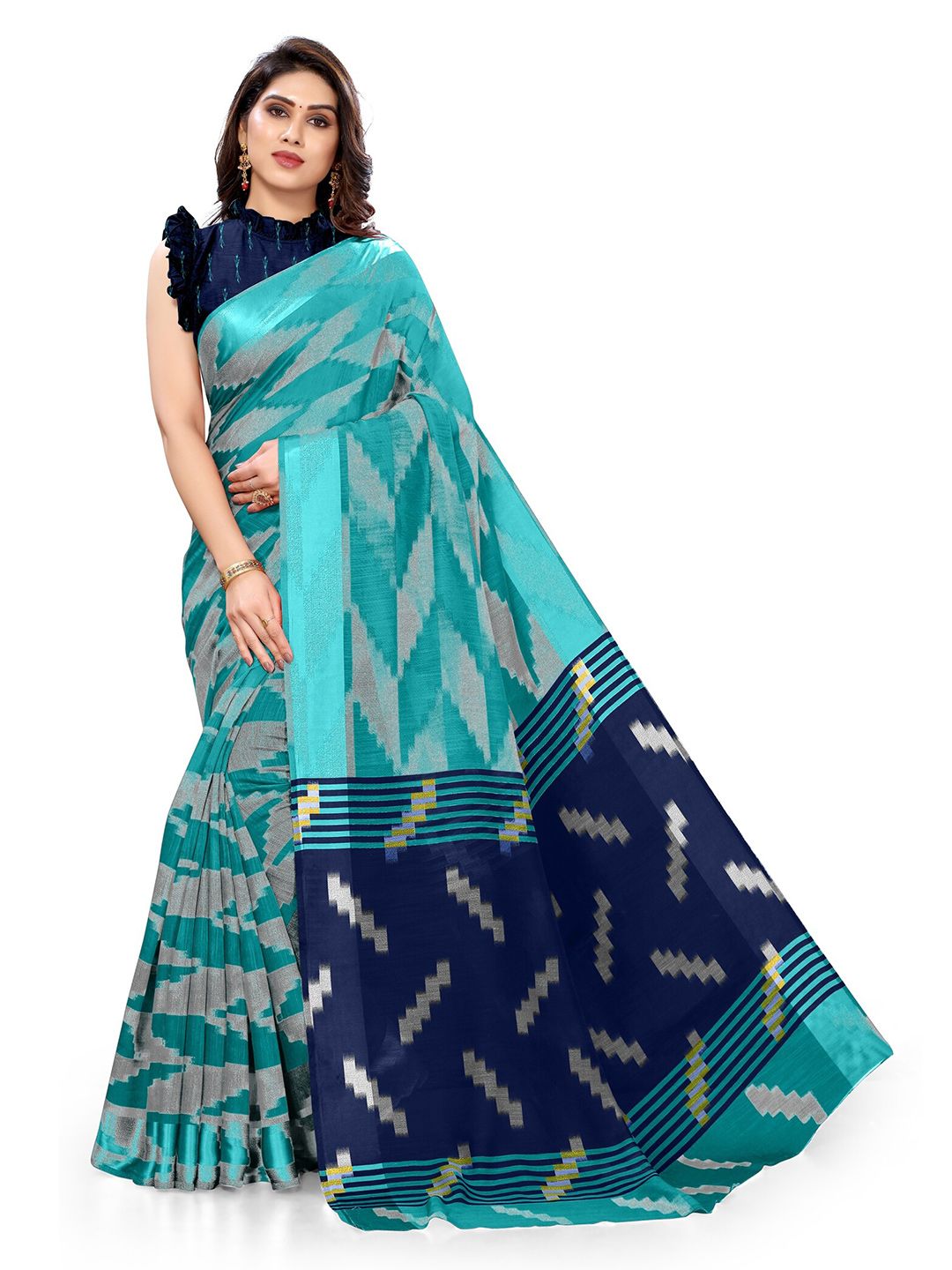 KALINI Turquoise Blue & Grey Printed Zari Saree