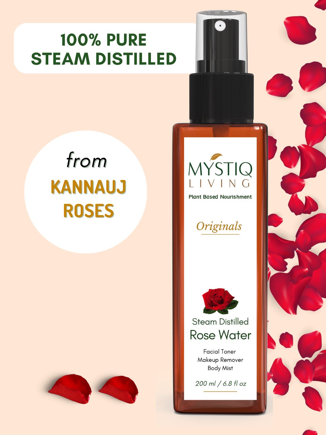 MYSTIQ LIVING Rose Water For Face Toner & Mist For Glowing Skin Steam Distilled 200 ml