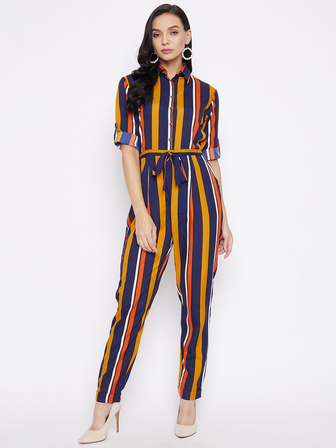 Uptownie Lite Navy Blue & Orange Striped Basic Jumpsuit Price in India