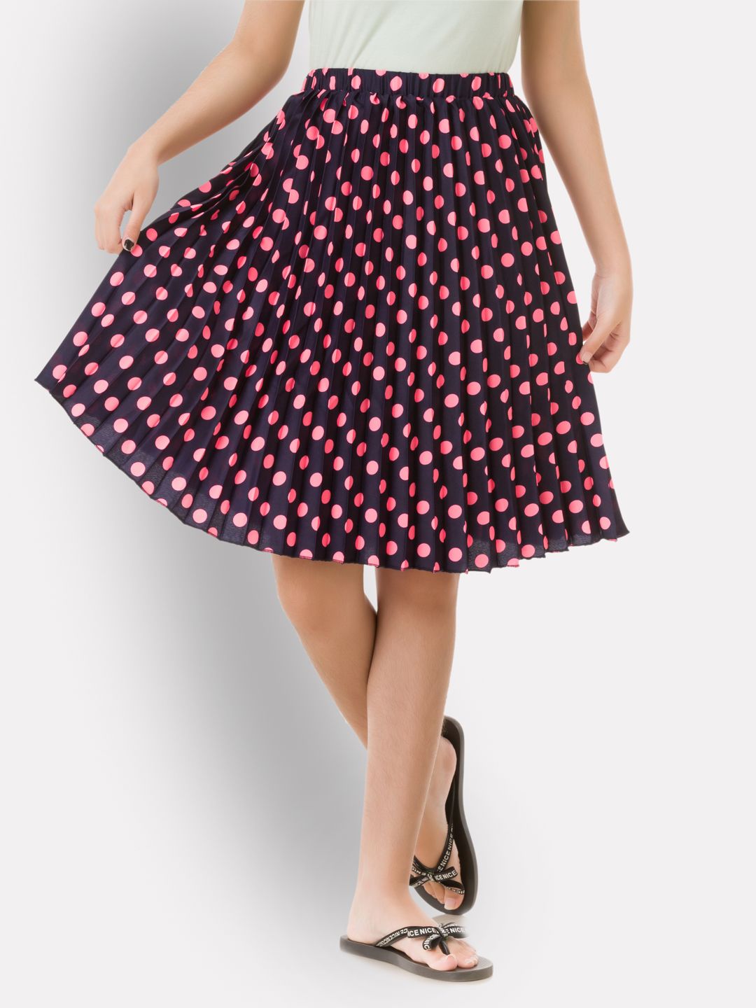 Uptownie Lite Girls Black & Pink Printed Accordian Pleated Flared Knee-Length Skirt