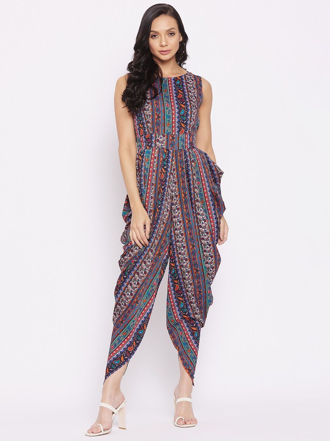 Uptownie Lite Blue & Orange Printed Relaxed Fit Ankle Length Dhoti Basic Jumpsuit Price in India